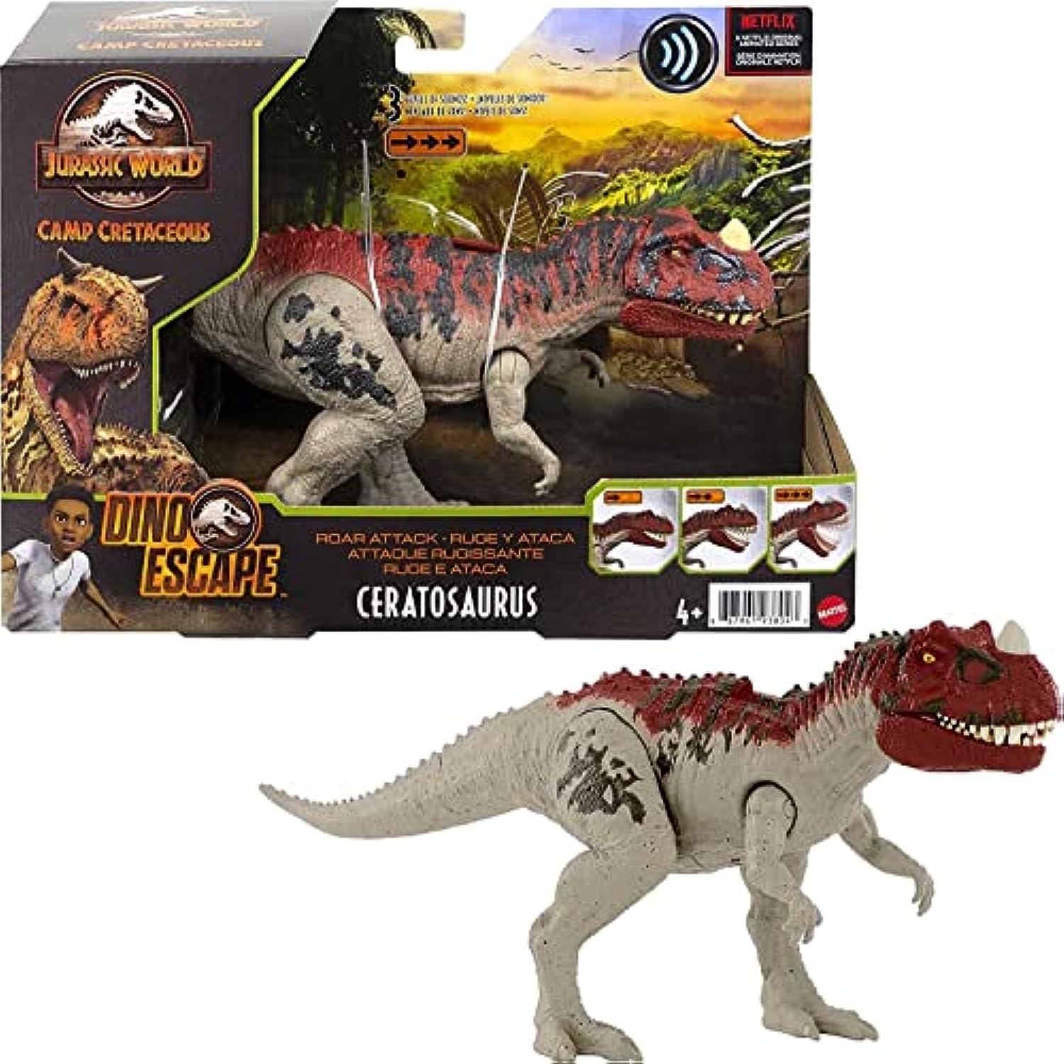 Camp Cretaceous Dinosaur Roar Attack Bundle - 3 Jurassic World Figures, Fossil Finds Resin T-Rex (Ankylosaurus Bumpy, Baryonyx Limbo, Ceratosaurus)