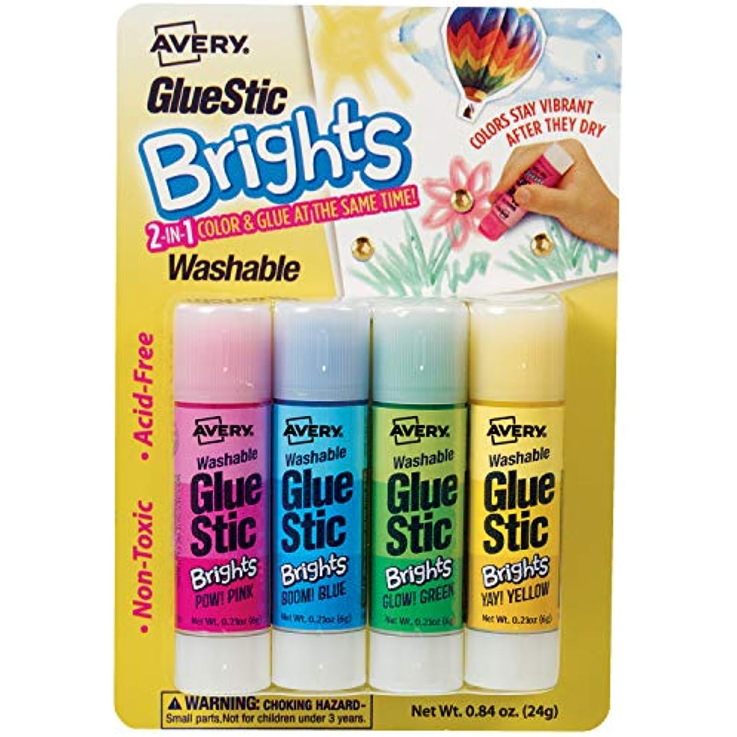 Avery Glue Stick Assorted Color Brights, Washable, Nontoxic, 0.21 oz. Permanent Glue Stic, 4pk (00102)