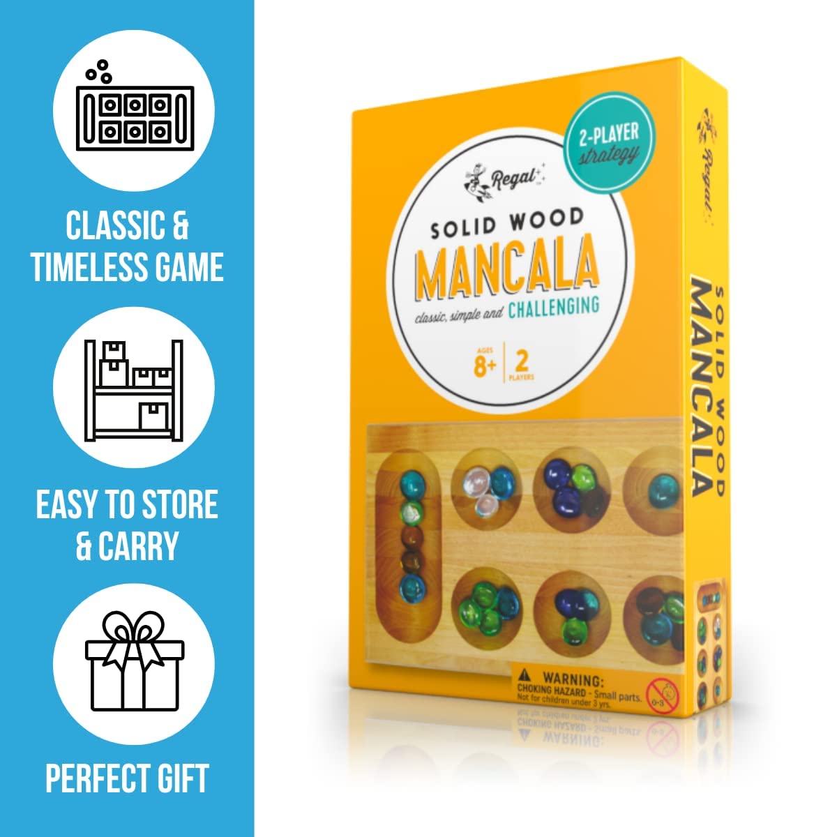 Regal Games - Wooden Mancala Board Game Set - Portable Foldable Wooden Board, 48 Glass Mancala Stones, and Mancala Instructions - for Large Groups, Parties, Travel, Family Events, Adults, and Kids