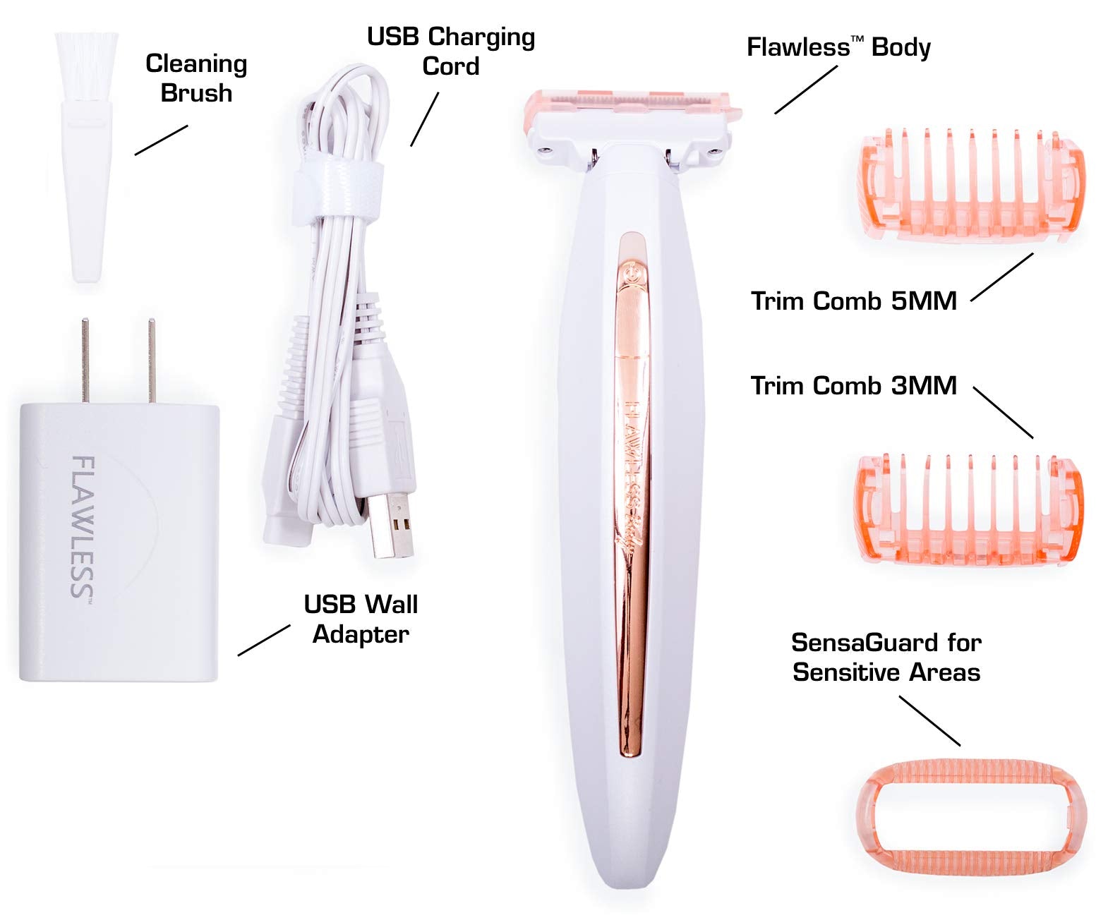 Finishing Touch Flawless Body Rechargeable Ladies Shaver and Trimmer, White/Rose Gold