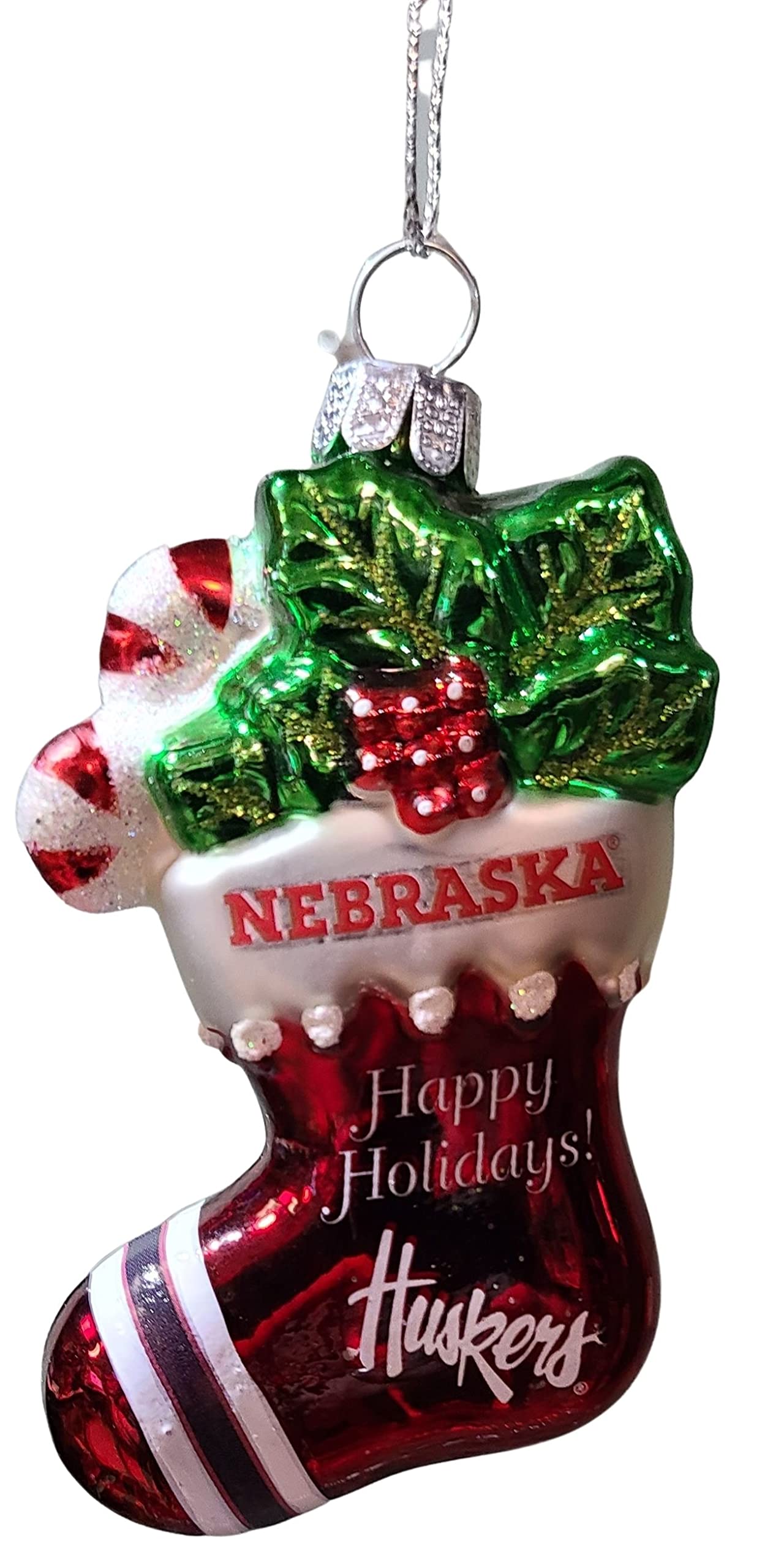 Officially Licensed NCAA Blown Glass Glitter Stocking Hanging Ornament (Nebraska Cornhuskers)