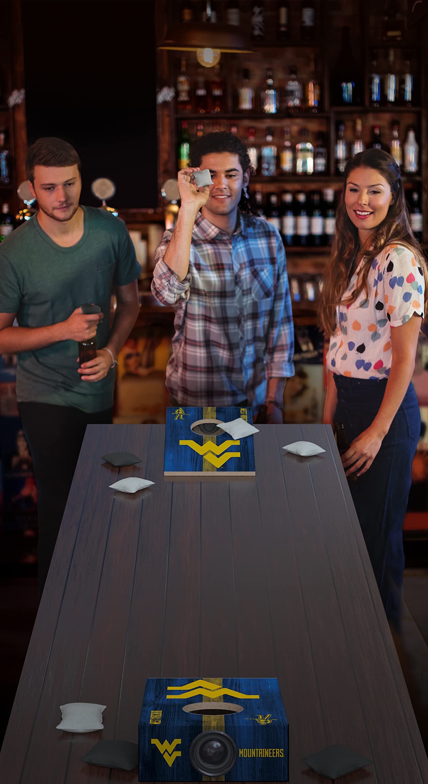 SOAR NCAA Tabletop Cornhole Game and Bluetooth Speaker, West Virginia Mountaineers