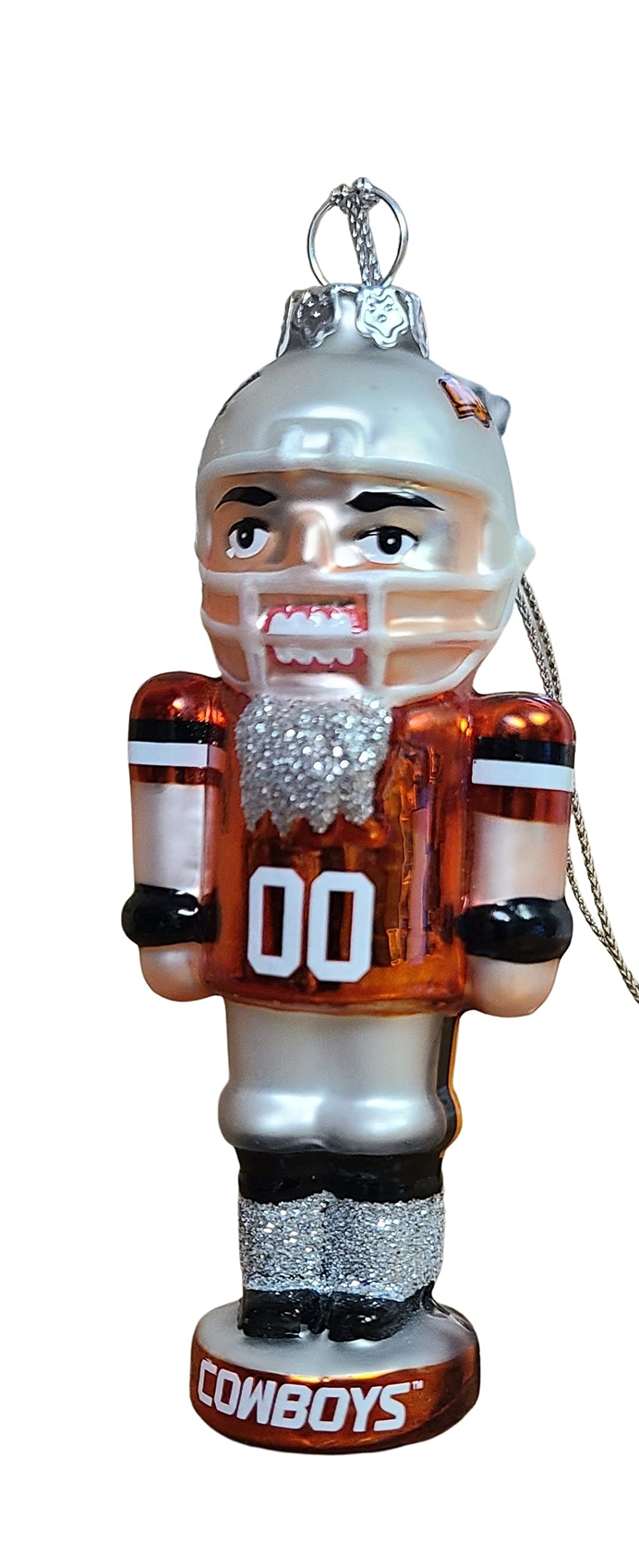 Oklahoma State Cowboys Blown Glass Hanging Nutcracker Style Ornament Team Player Helmet and Uniform