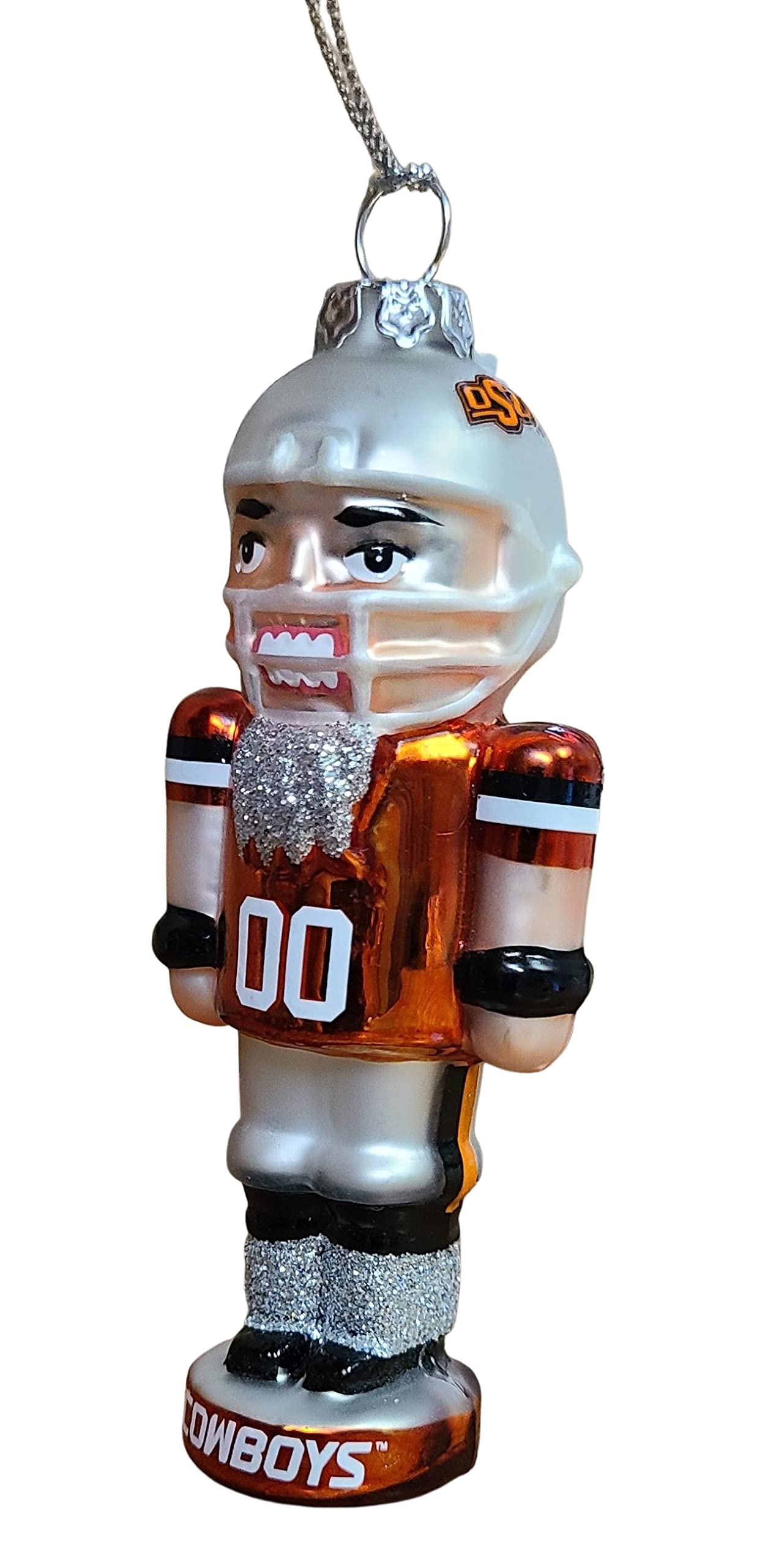 Oklahoma State Cowboys Blown Glass Hanging Nutcracker Style Ornament Team Player Helmet and Uniform