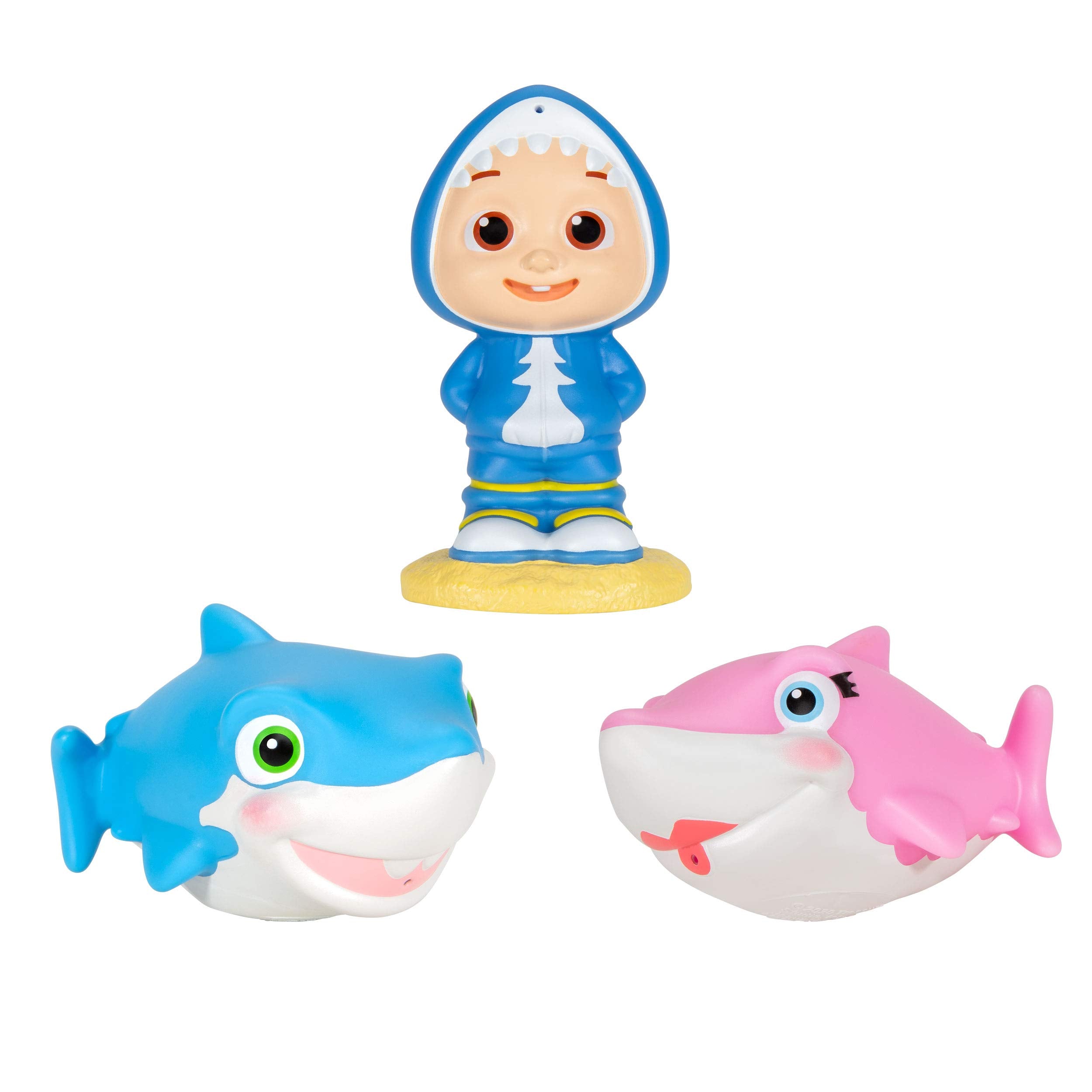 CoComelon Official Bath Squirters, Featuring JJ Character Toy (4� Tall) and 2 Sharks (4� Wide), Bath Time Fun Playset - Character Toys for Babies, Toddlers, and Kids