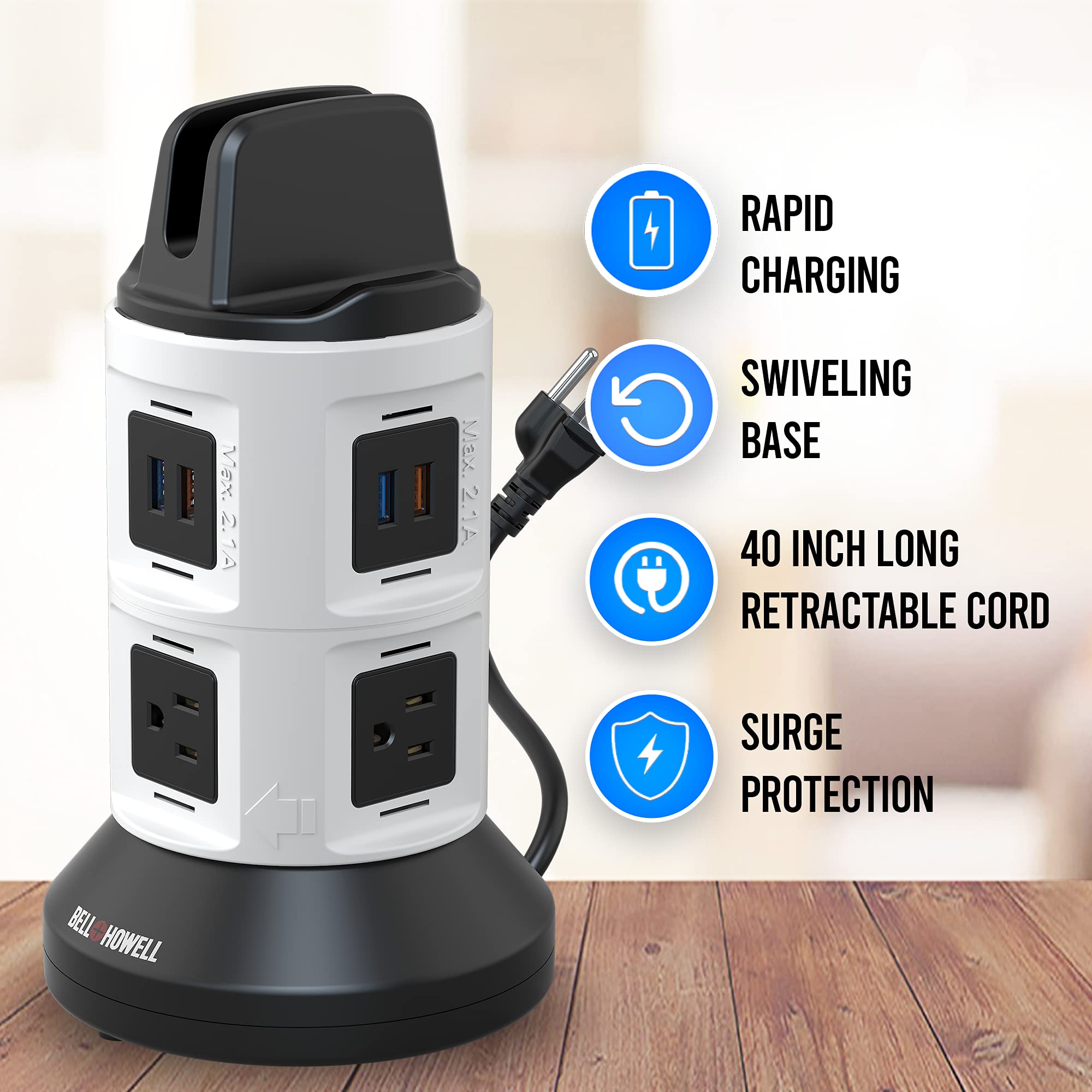 Spin Power by Bell+Howell Power Strip Tower with Surge Protector Electric Charging Station USB Outlet Extender Power Bar 4 Outlets 6 USB Ports 40" Retractable Cord Built-in Phone Holder As Seen On TV