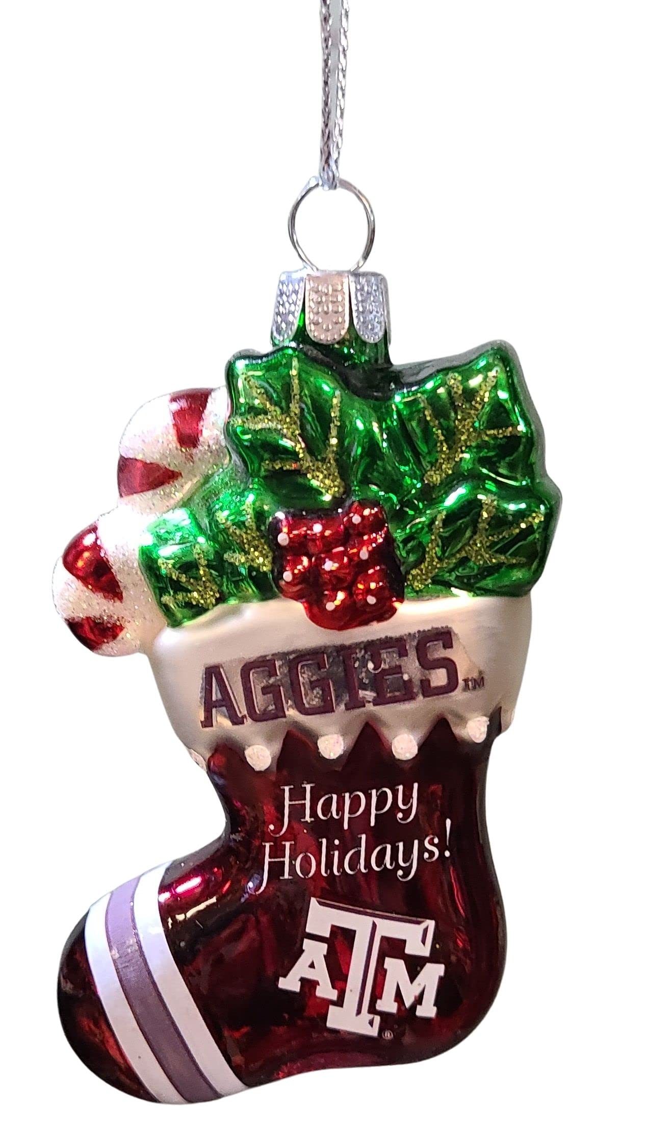 Officially Licensed NCAA Blown Glass Glitter Stocking Hanging Ornament (Texas A&M Aggies)