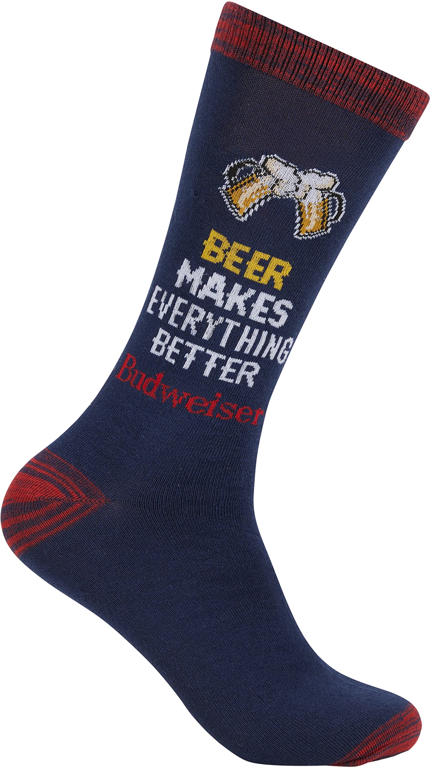 Budweiser Beer Makes Everything Better - Beer Novelty Fun Crew Socks Gift for Men - One Size Fits All Navy