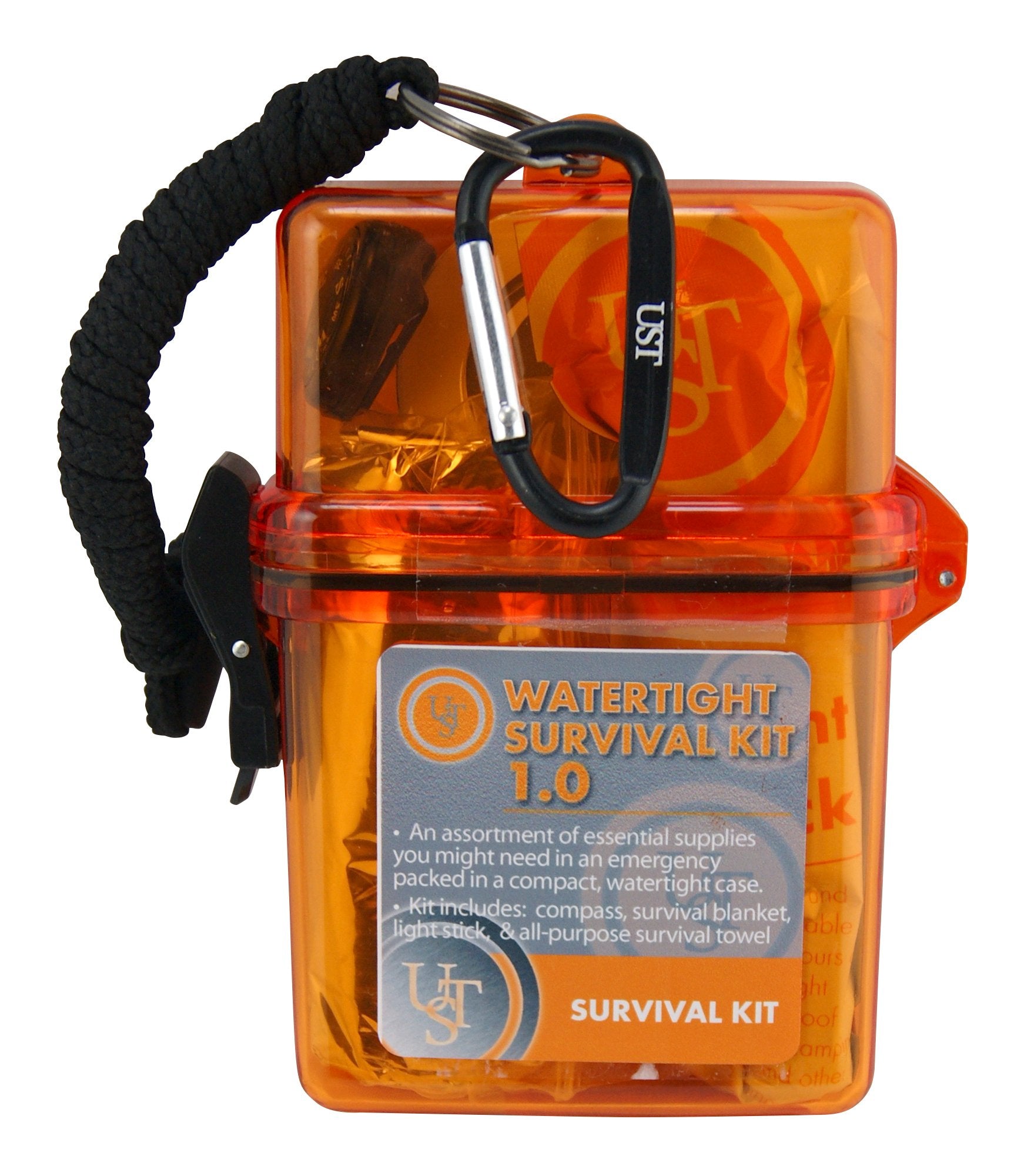 UST Watertight Survival Kit 1.0 with Durable, Lightweight Construction, Survival Blanket and Emergency Tools while Camping, Hiking and Outdoor Survival , Orange