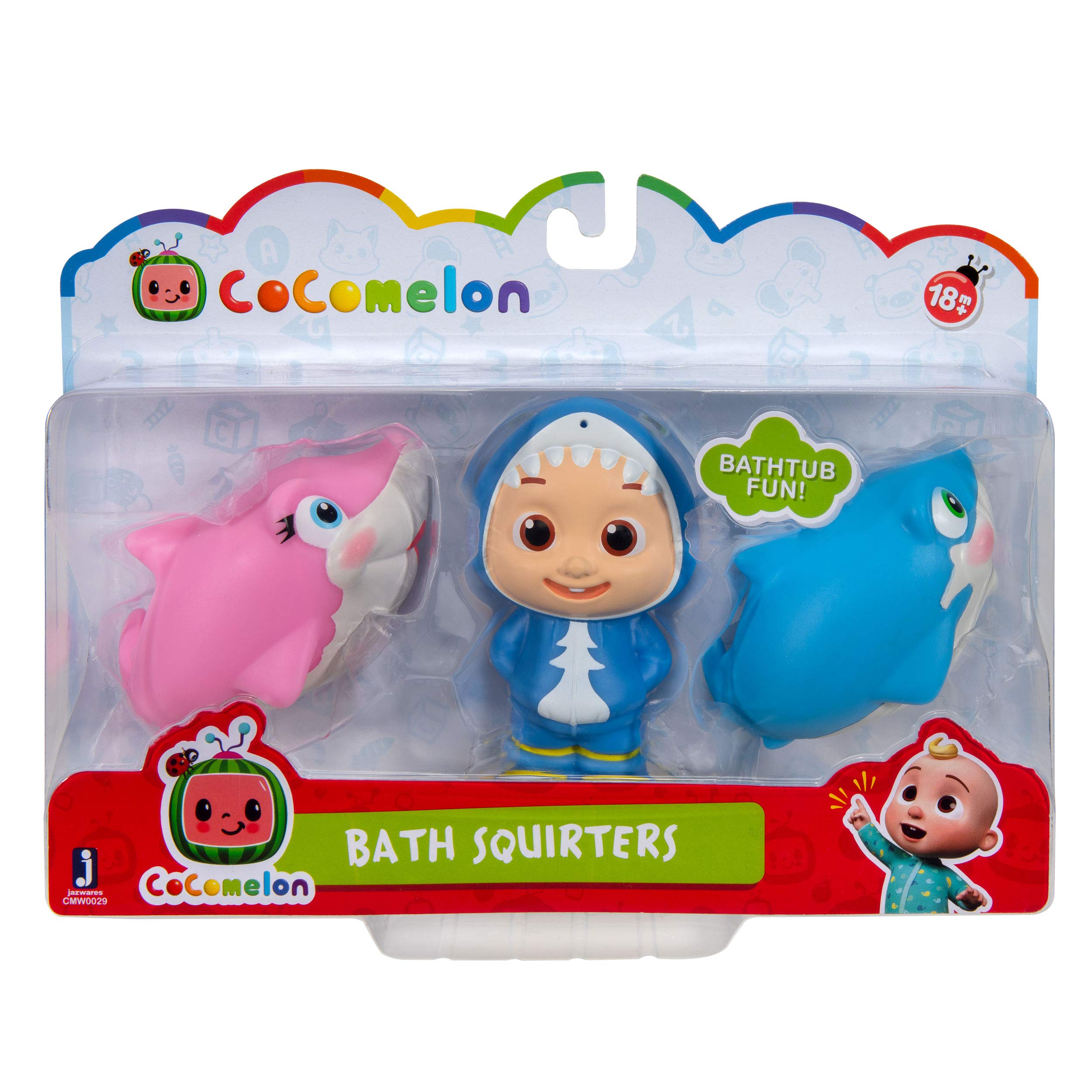 CoComelon Official Bath Squirters, Featuring JJ Character Toy (4� Tall) and 2 Sharks (4� Wide), Bath Time Fun Playset - Character Toys for Babies, Toddlers, and Kids