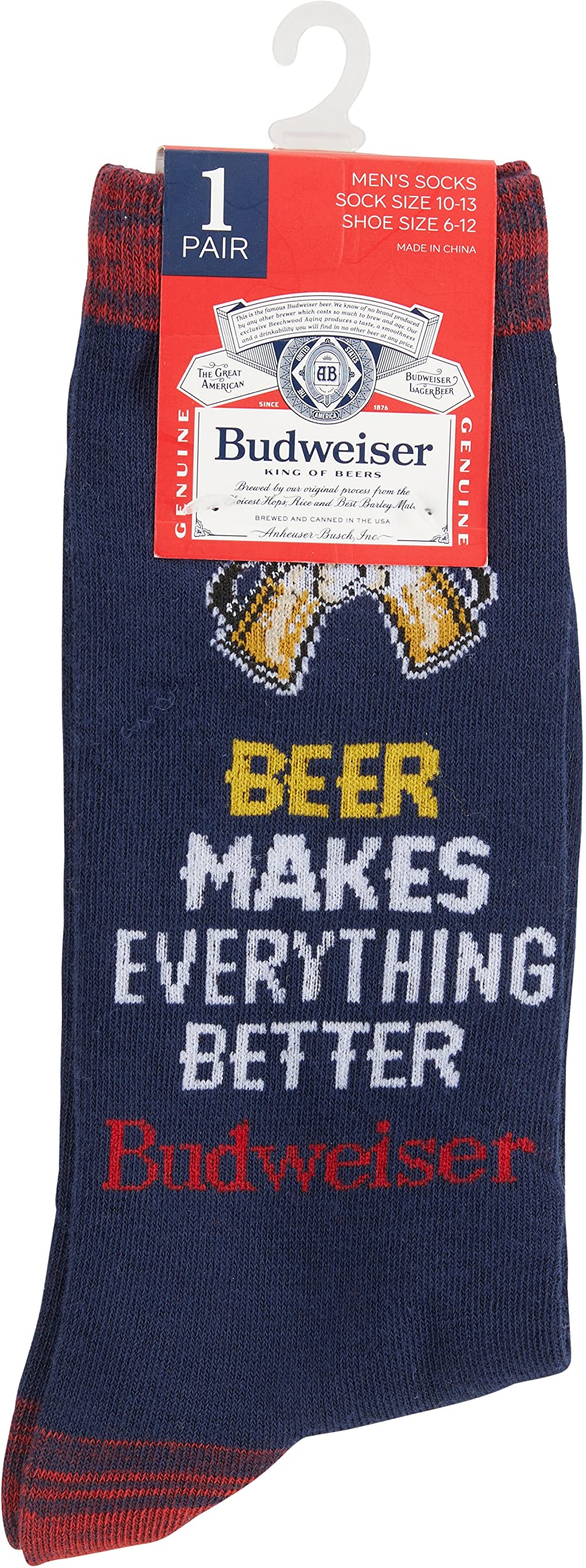 Budweiser Beer Makes Everything Better - Beer Novelty Fun Crew Socks Gift for Men - One Size Fits All Navy
