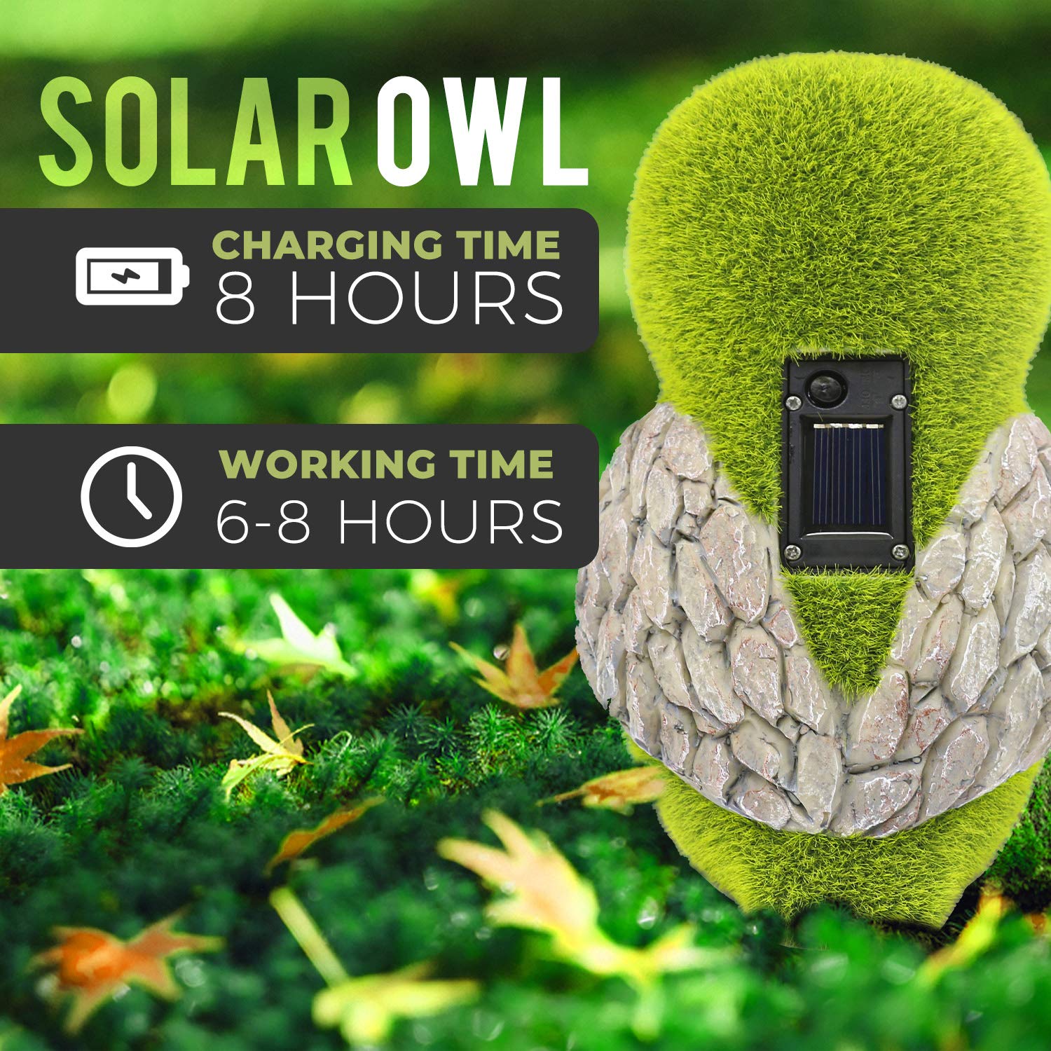 Garden Statue of Owl with Solar Light Eyes - Outdoor Fall Decoration - Yard Owl Figurine for Patio, Balcony, Lawn Ornament - Unique Housewarming Gift