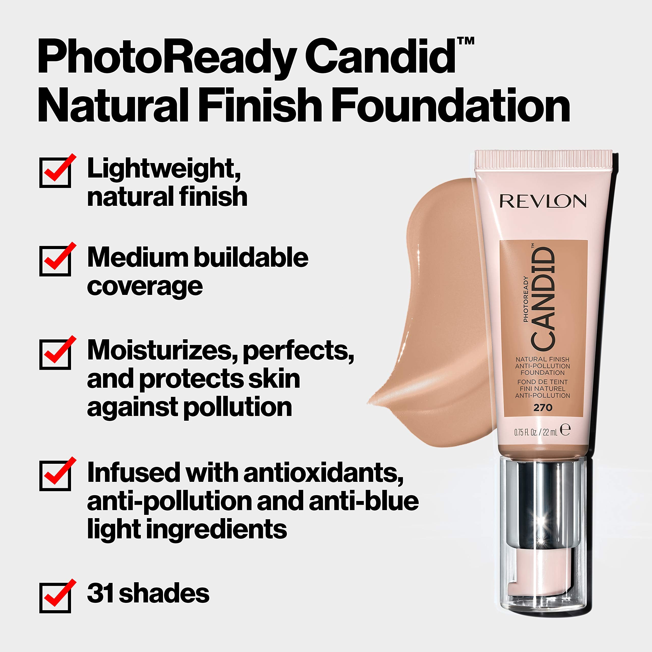 Revlon PhotoReady Candid Natural Finish Foundation, with Anti-Pollution, Antioxidant, Anti-Blue Light Ingredients, 270 Medium Beige, 0.75 fl. oz.