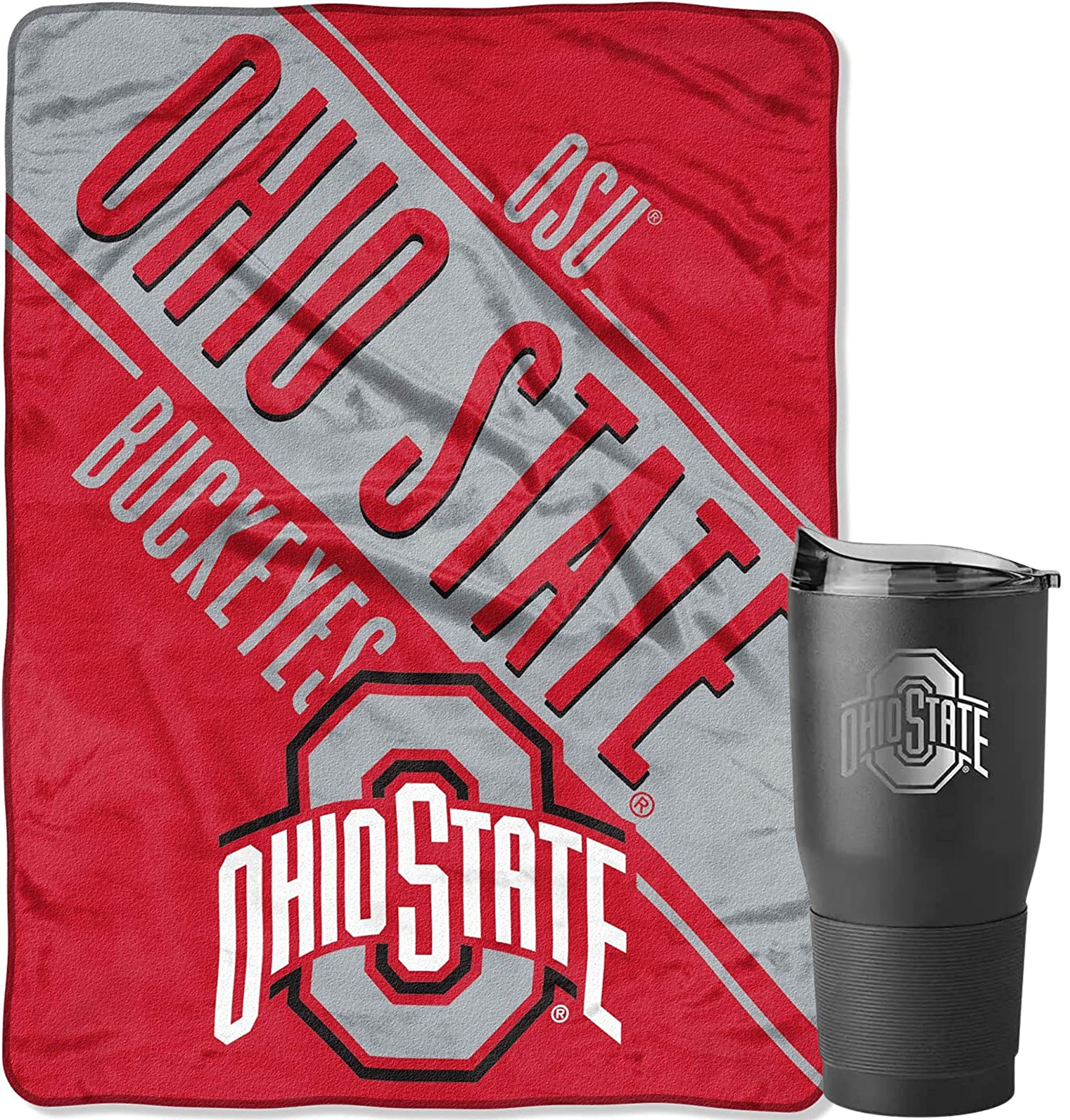 Ohio State Buckeyes 30oz Insulated Stainless Steel Travel Tumbler and Blanket Bundle (Section Plush)