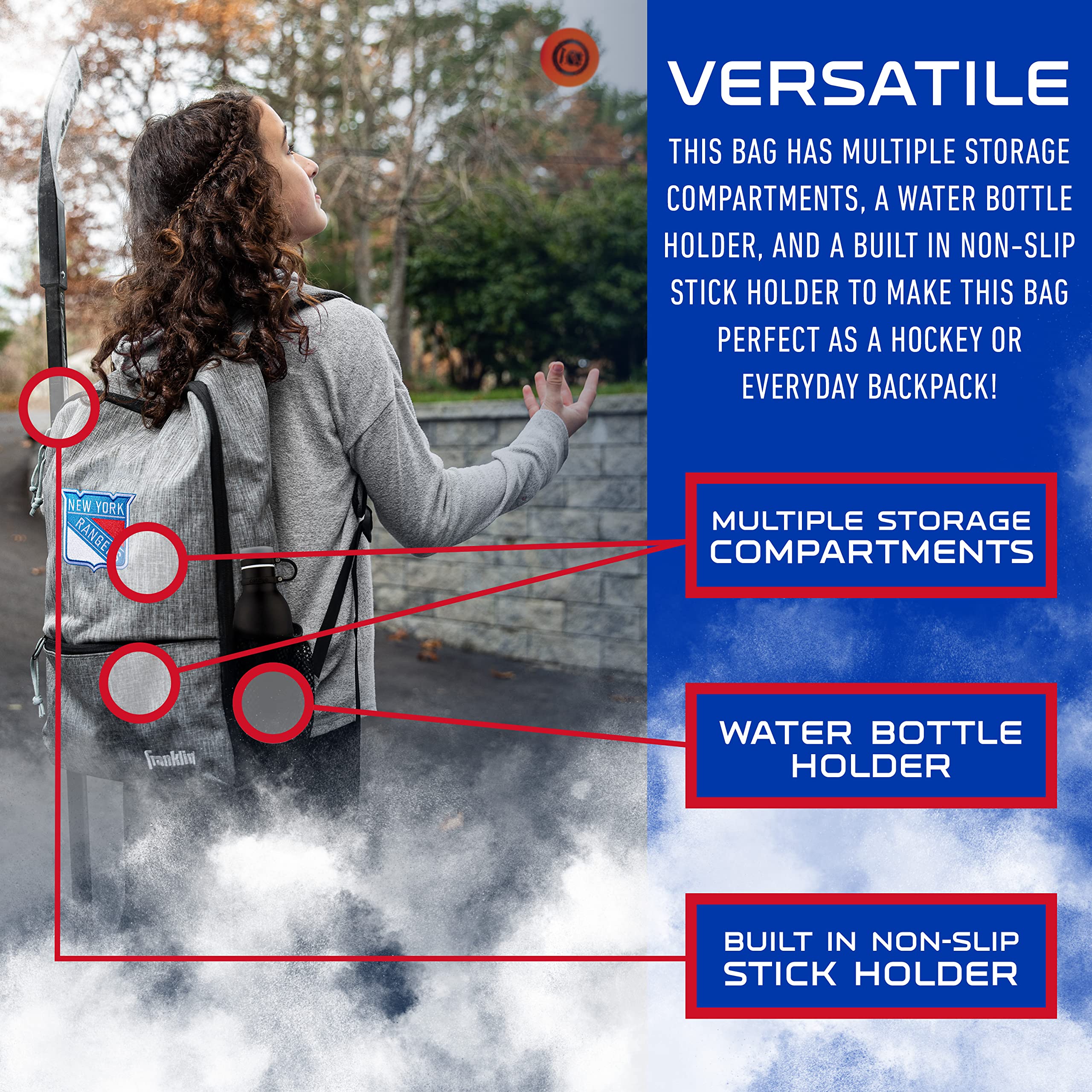 Franklin Sports NHL New York Rangers Street Pack Backpack - Official NHL Hockey Equipment Bags - Gray Hockey Backpack - Authentic Logos and Colors