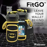 Performa Fitgo - Original Shaker Bottle Sleeve, All-in-one Shaker Cup Performance Organizer, Quick & Easy Access Your Work Out Essentials, Water Resistant and Durable (Batman)