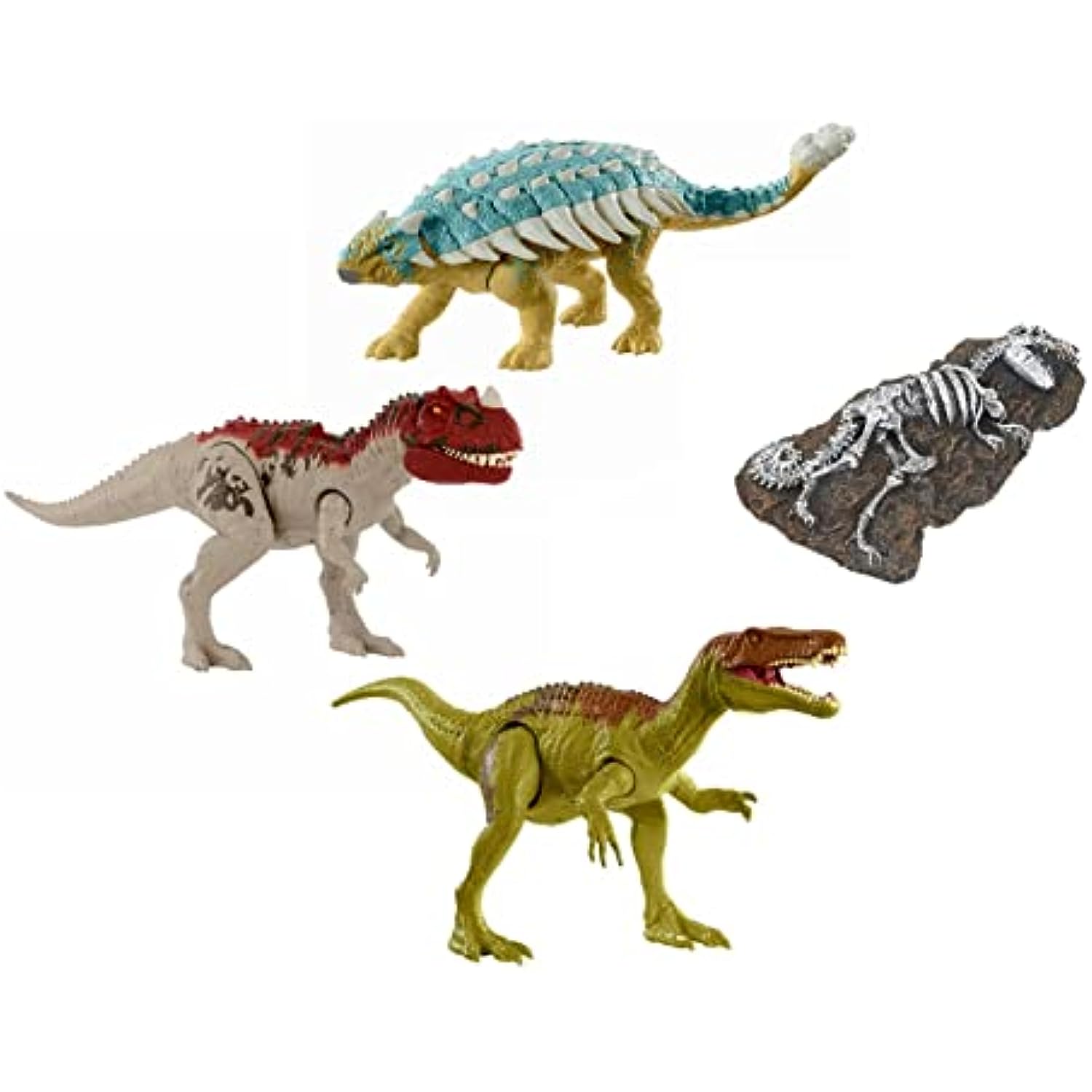Camp Cretaceous Dinosaur Roar Attack Bundle - 3 Jurassic World Figures, Fossil Finds Resin T-Rex (Ankylosaurus Bumpy, Baryonyx Limbo, Ceratosaurus)