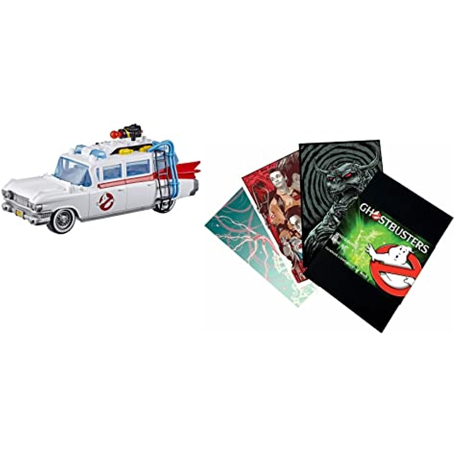 Ghostbusters Ecto-1 Playset and 8 Piece Lithograph Art Print Set Bundle for Movie Fans and Collectors