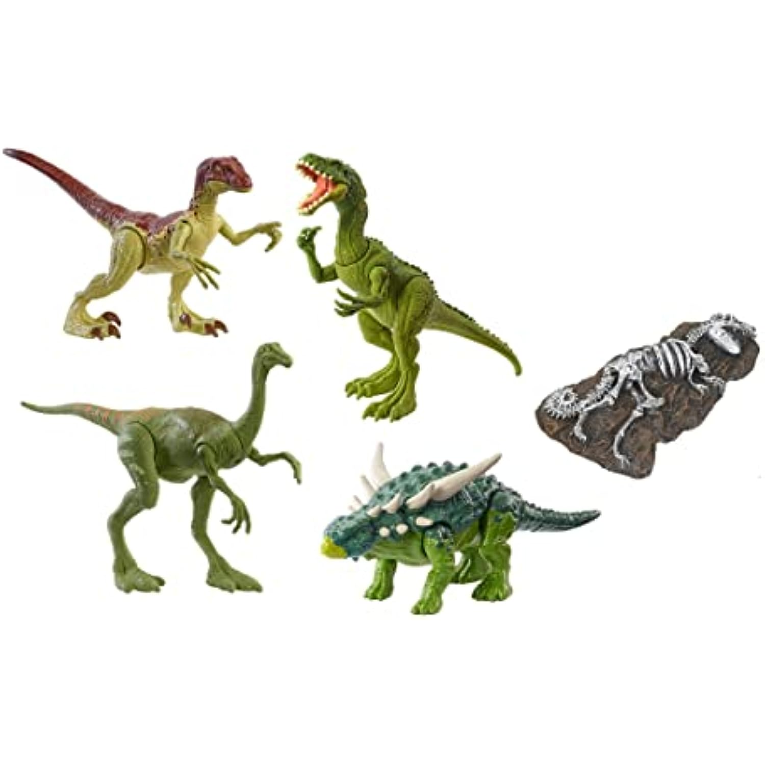 Camp Cretaceous Dinosaur Fierce Force Bundle - 4 Jurassic World Moveable Strike Attack Action Figures, Fossil Finds Resin T-Rex (Sauropelta, Velociraptor, Masiakasaurus, Gallimimus)