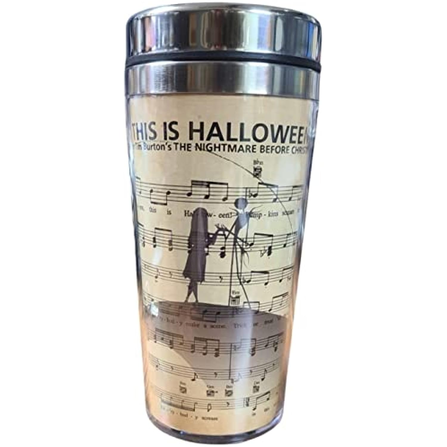 The Nightmare Before Christmas 14oz Travel Mug Tumbler featuring Sheet Music from THIS IS HALLOWEEN Musical Notes and Lyrics