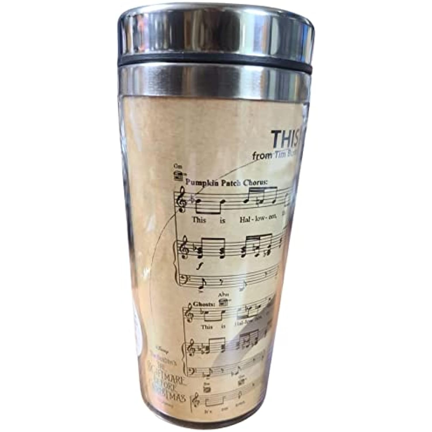 The Nightmare Before Christmas 14oz Travel Mug Tumbler featuring Sheet Music from THIS IS HALLOWEEN Musical Notes and Lyrics