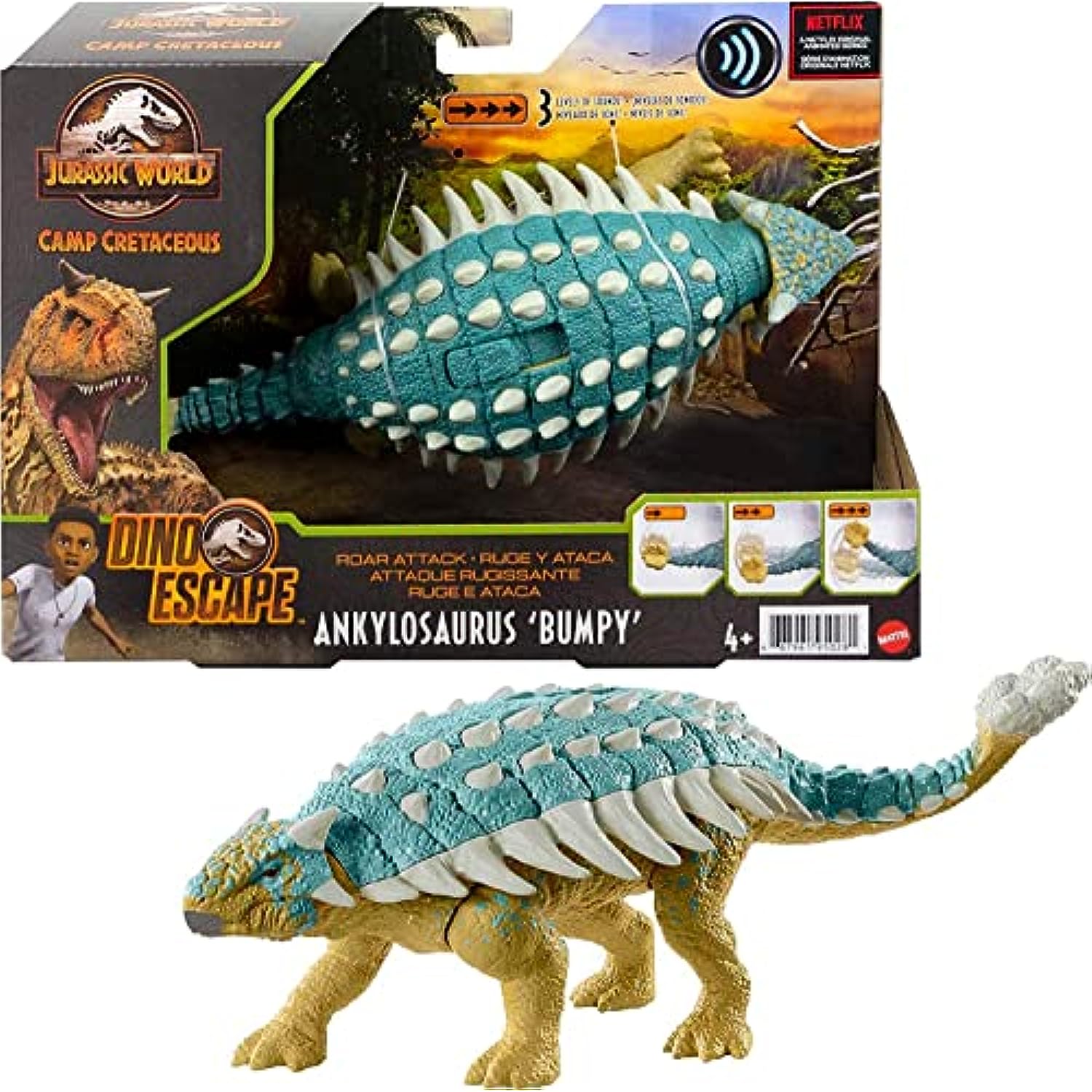 Camp Cretaceous Dinosaur Roar Attack Bundle - 3 Jurassic World Figures, Fossil Finds Resin T-Rex (Ankylosaurus Bumpy, Baryonyx Limbo, Ceratosaurus)