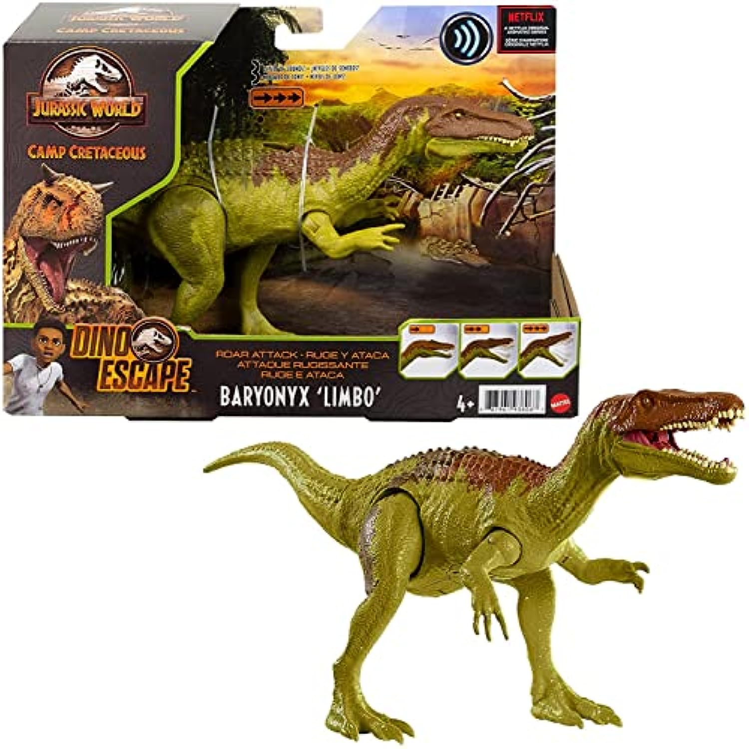 Camp Cretaceous Dinosaur Roar Attack Bundle - 3 Jurassic World Figures, Fossil Finds Resin T-Rex (Ankylosaurus Bumpy, Baryonyx Limbo, Ceratosaurus)