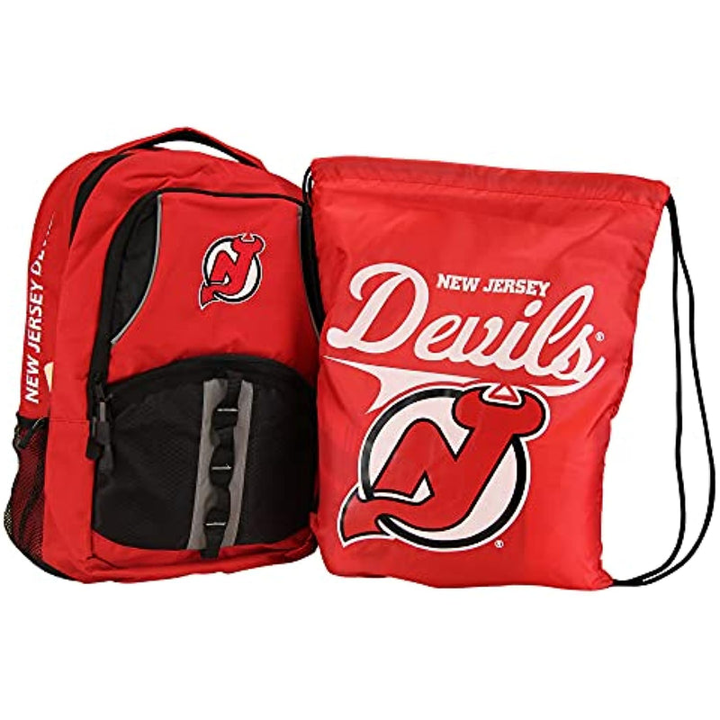 Northwest NHL Padded Utility Laptop Backpack and Drawstring Bag Set, Book Bag & Cinch Combo (New Jersey Devils)