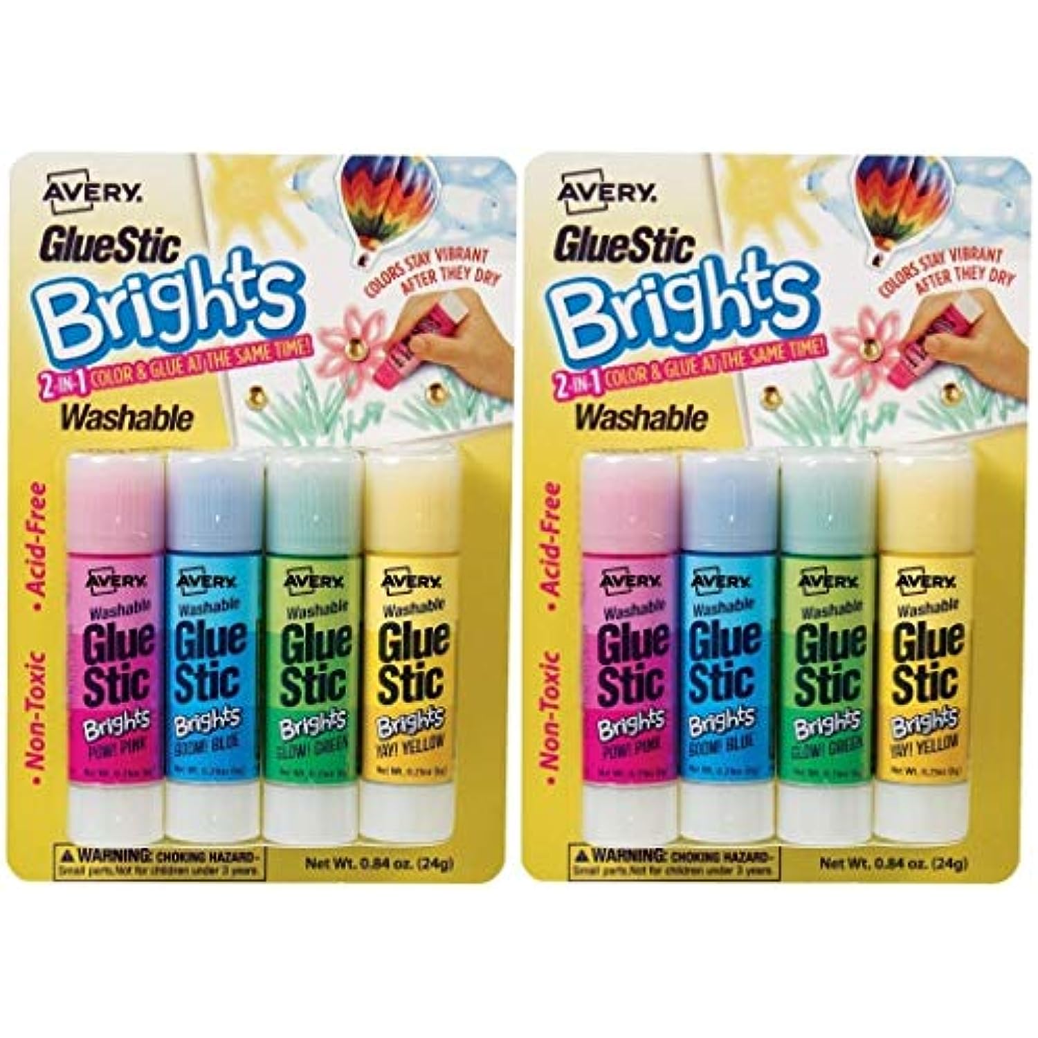 Washable, Non-Toxic, Glue Sticks - 4 Assorted Bright Colors (Pack of 2)