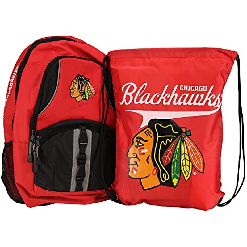 Northwest NHL Padded Utility Laptop Backpack and Drawstring Bag Set, Book Bag & Cinch Combo (Chicago Blackhawks)