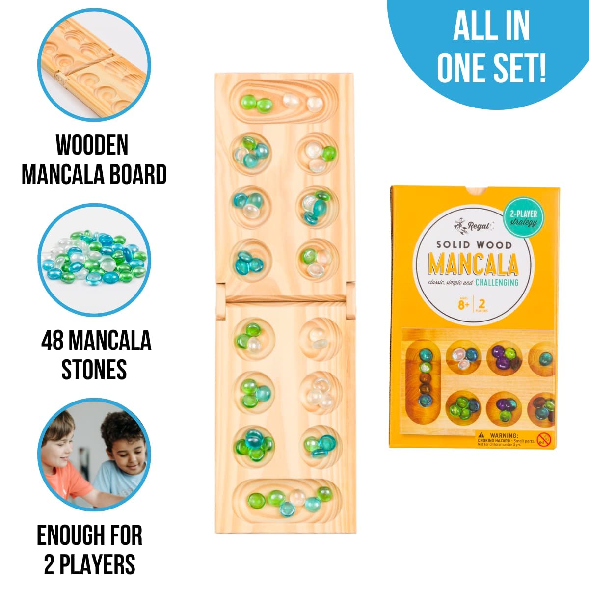 Regal Games - Wooden Mancala Board Game Set - Portable Foldable Wooden Board, 48 Glass Mancala Stones, and Mancala Instructions - for Large Groups, Parties, Travel, Family Events, Adults, and Kids