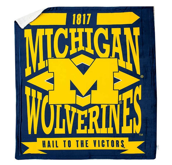 Northwest Licensed NCAA Logo Collegiate Battle Cry Fight Song Silk Touch Sherpa Throw Blanket (Michigan Wolverines)