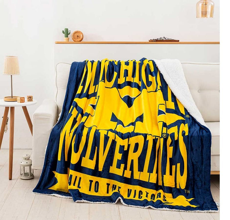 Northwest Licensed NCAA Logo Collegiate Battle Cry Fight Song Silk Touch Sherpa Throw Blanket (Michigan Wolverines)
