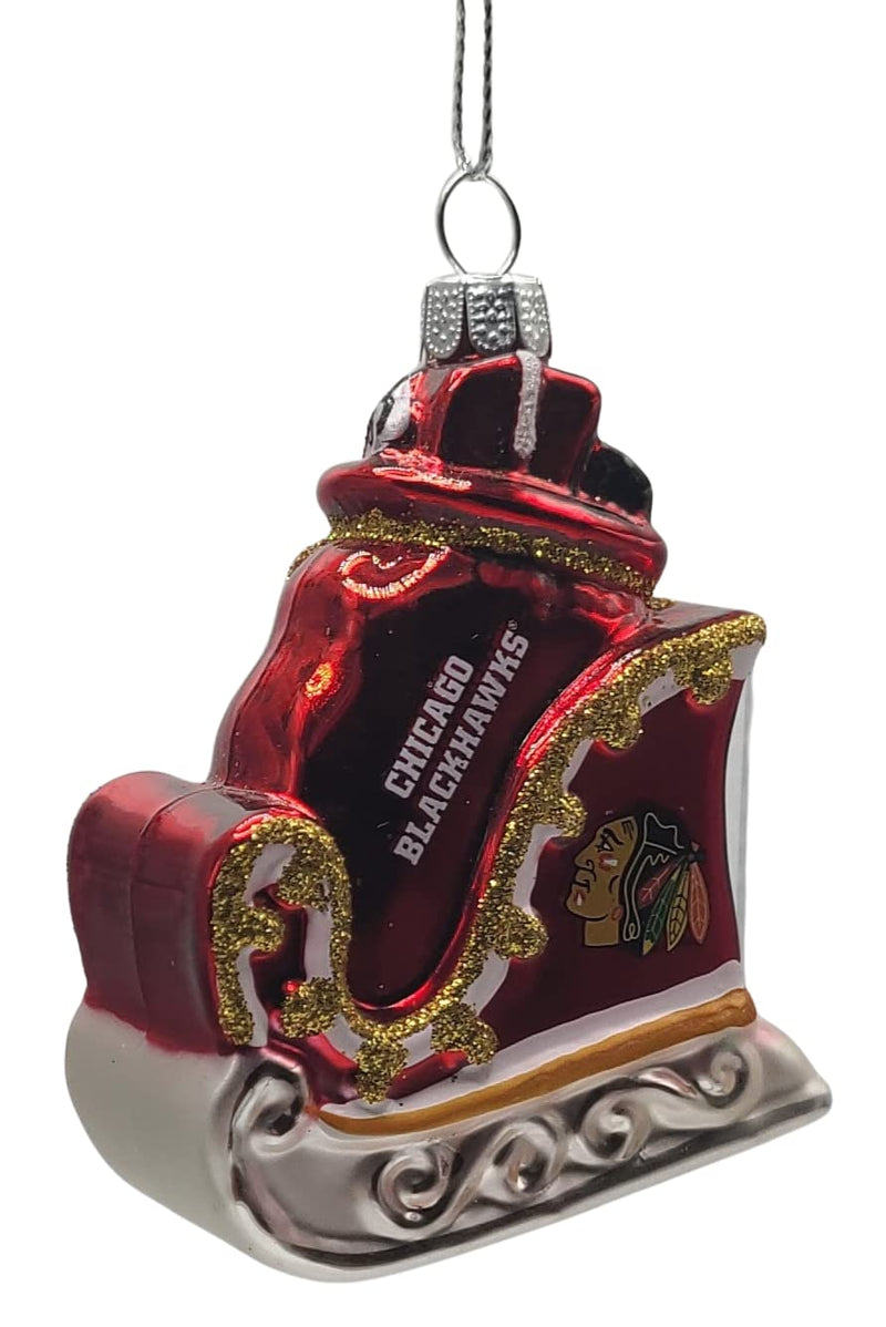 Officially Licensed NHL Blown Glass Glitter Sleigh Hanging Ornament (Chicago Blackhawks)