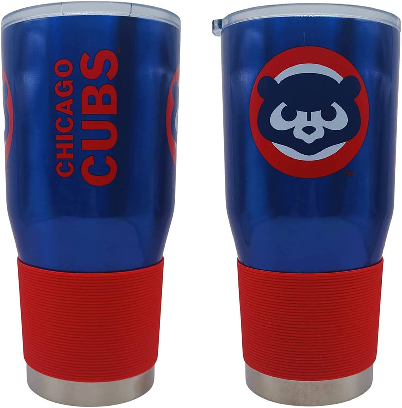 Chicago Cubs Game Day Bundle includes 30oz Ultra Travel Tumbler, Double-sided Auto Flag, Mardi Gras Beads