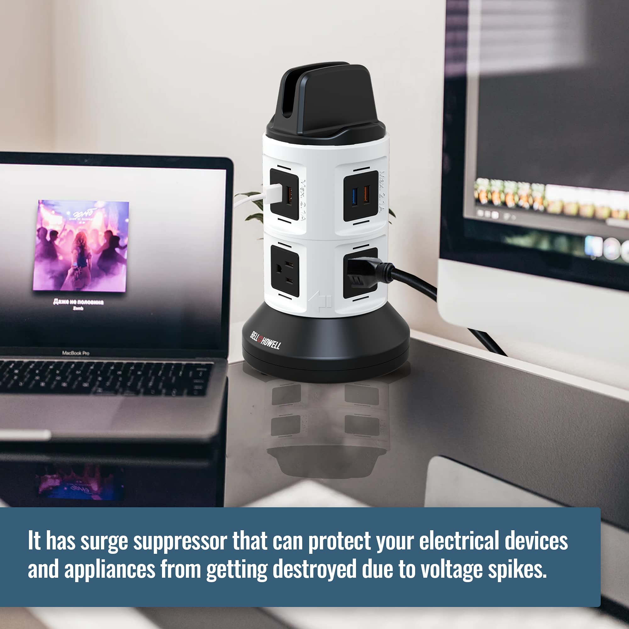 Spin Power by Bell+Howell Power Strip Tower with Surge Protector Electric Charging Station USB Outlet Extender Power Bar 4 Outlets 6 USB Ports 40" Retractable Cord Built-in Phone Holder As Seen On TV