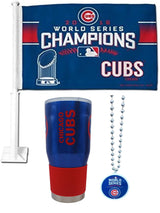 Chicago Cubs Game Day Bundle includes 30oz Ultra Travel Tumbler, Double-sided Auto Flag, Mardi Gras Beads