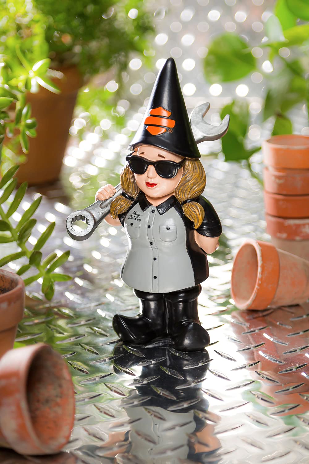 Harley-Davidson Mechanic Lady Polystone, 8.5 x 5 in. 544902E Garden Gnome, Black