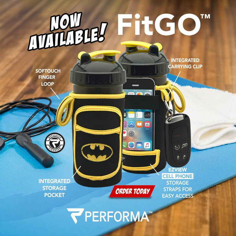 Performa Fitgo - Original Shaker Bottle Sleeve, All-in-one Shaker Cup Performance Organizer, Quick & Easy Access Your Work Out Essentials, Water Resistant and Durable (Batman)