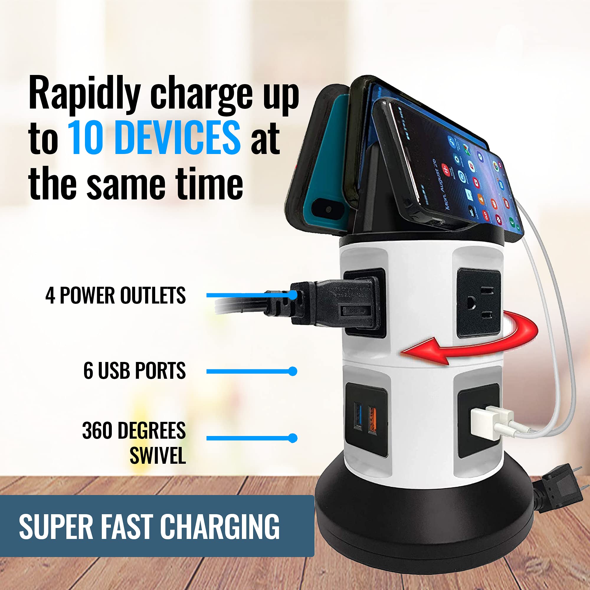 Spin Power by Bell+Howell Power Strip Tower with Surge Protector Electric Charging Station USB Outlet Extender Power Bar 4 Outlets 6 USB Ports 40" Retractable Cord Built-in Phone Holder As Seen On TV