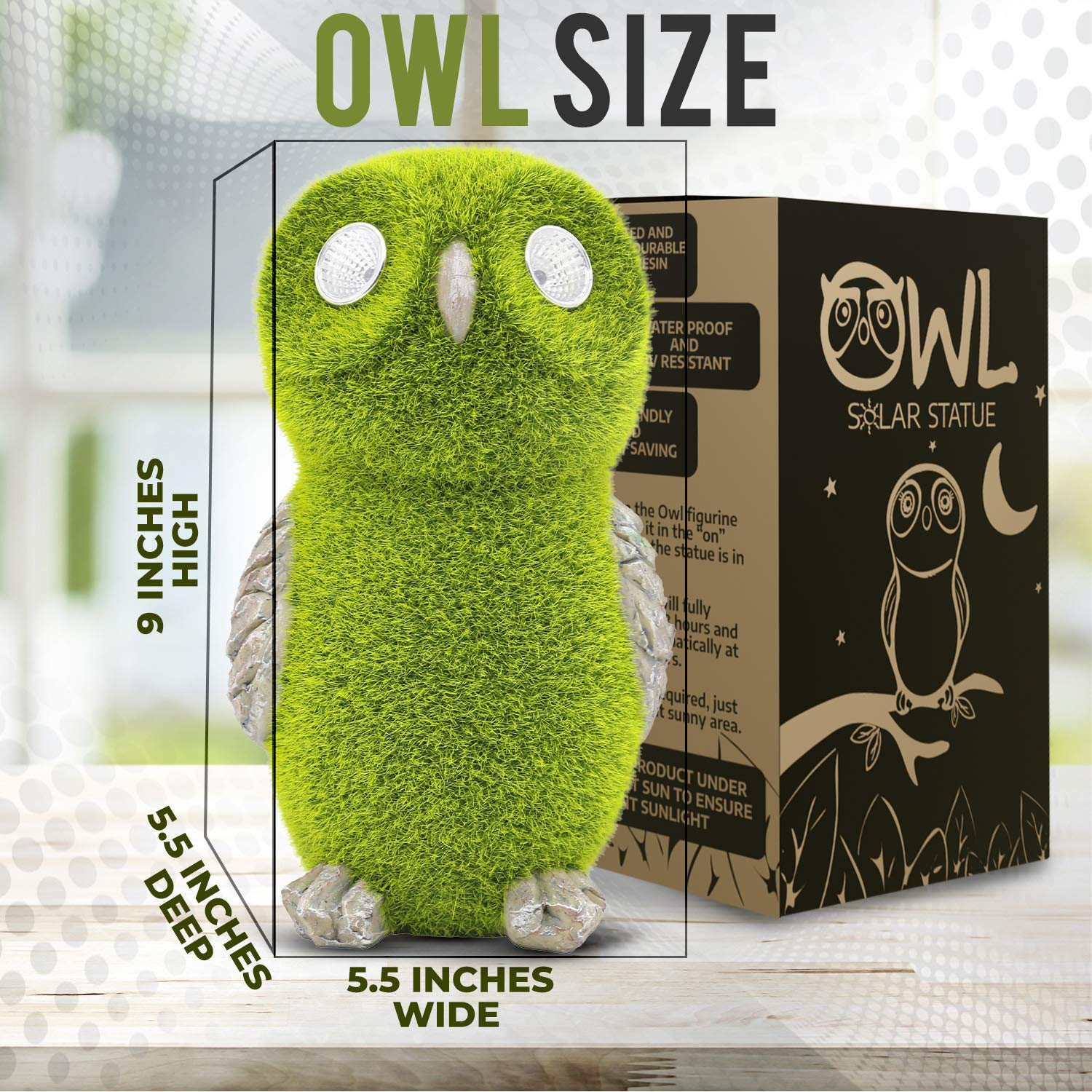 Garden Statue of Owl with Solar Light Eyes - Outdoor Fall Decoration - Yard Owl Figurine for Patio, Balcony, Lawn Ornament - Unique Housewarming Gift
