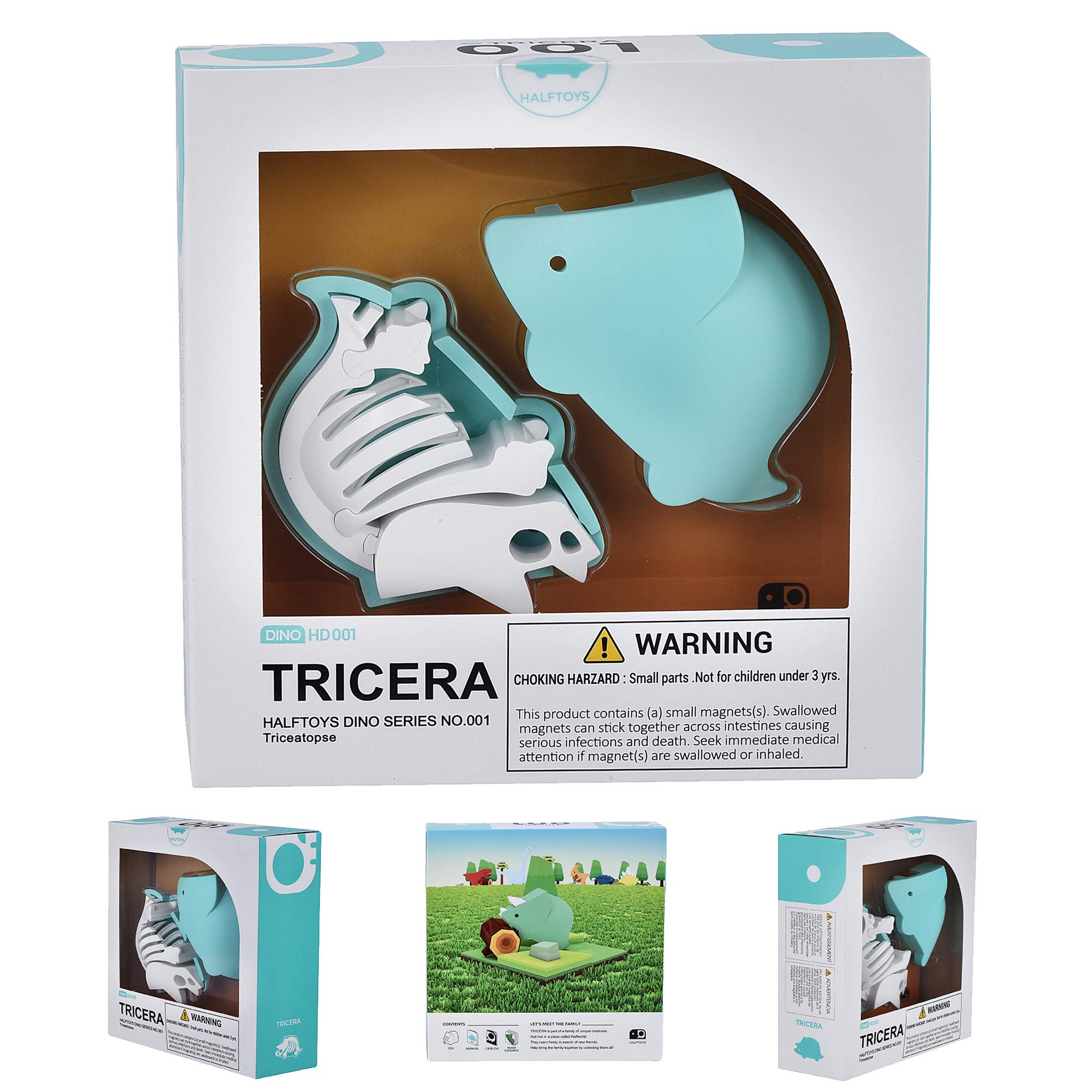 HALFTOYS Dinosaur Toy Puzzle with Magnets and Paper Dioramas, Tricera