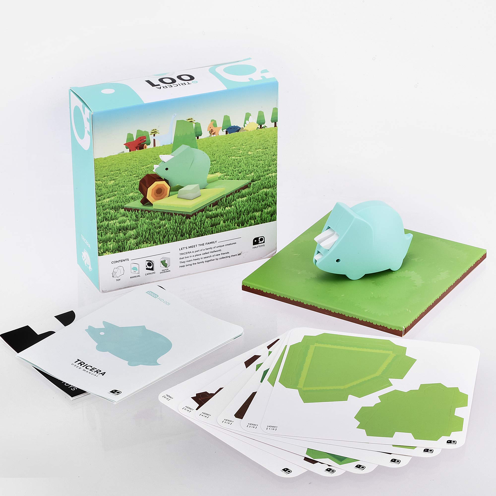 HALFTOYS Dinosaur Toy Puzzle with Magnets and Paper Dioramas, Tricera