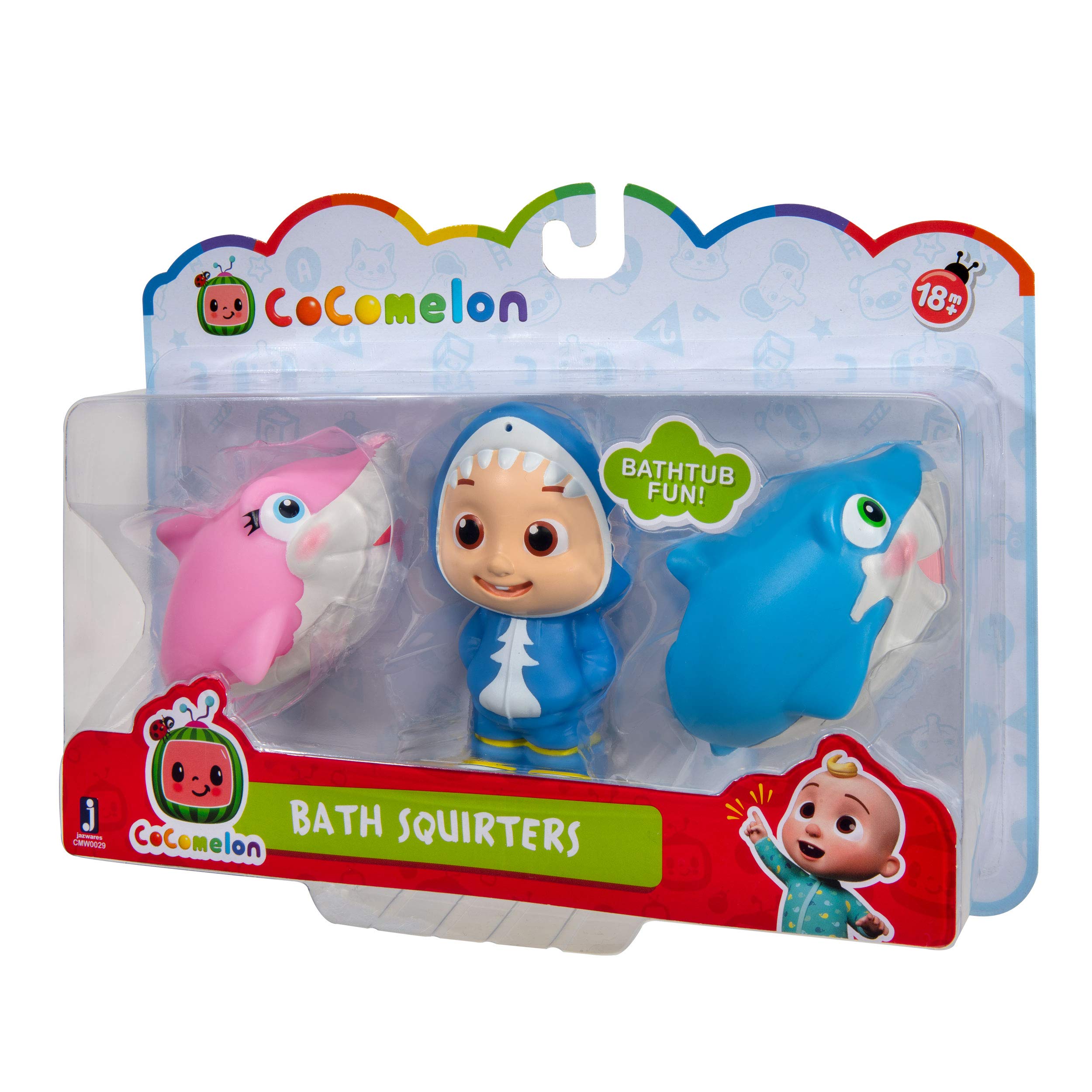 CoComelon Official Bath Squirters, Featuring JJ Character Toy (4� Tall) and 2 Sharks (4� Wide), Bath Time Fun Playset - Character Toys for Babies, Toddlers, and Kids