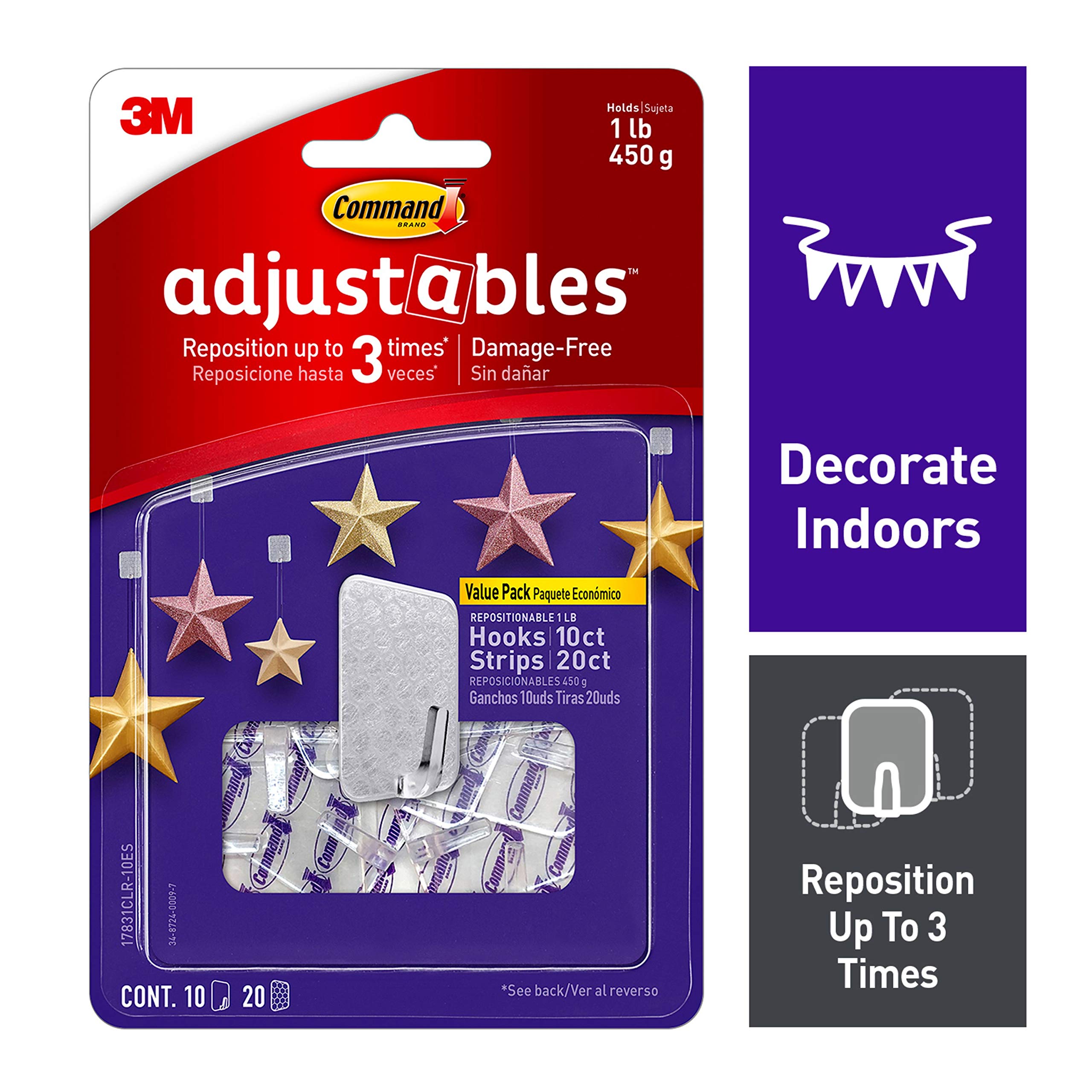 3M Scotch CMD-ADJ Command Adjustables Hooks & Clips: Adjustable Hooks / 10-Pack (Clear) / 10-Pack