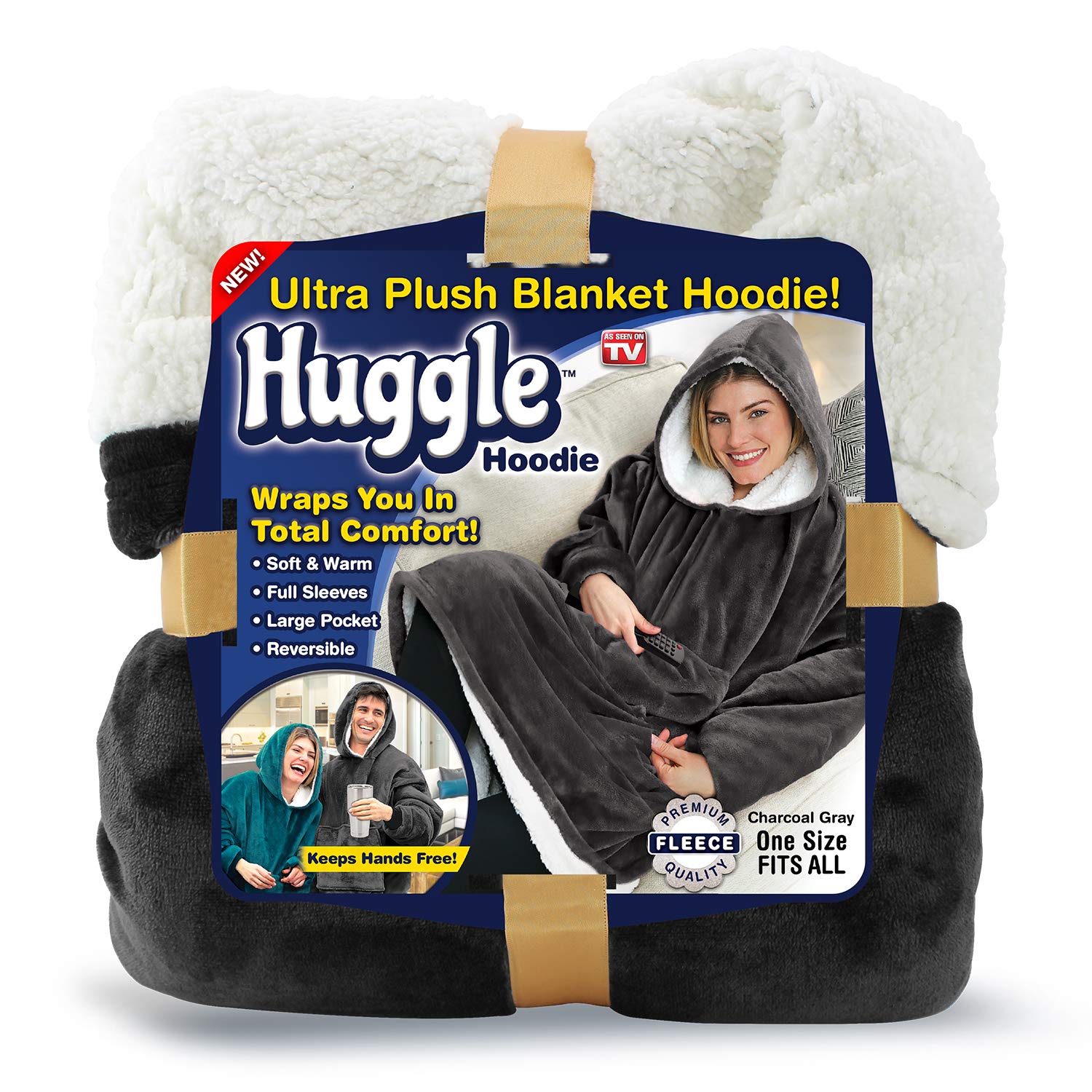 Ontel Huggle Hoodie, Ultra Plush Blanket, Charcoal Grey, One Size
