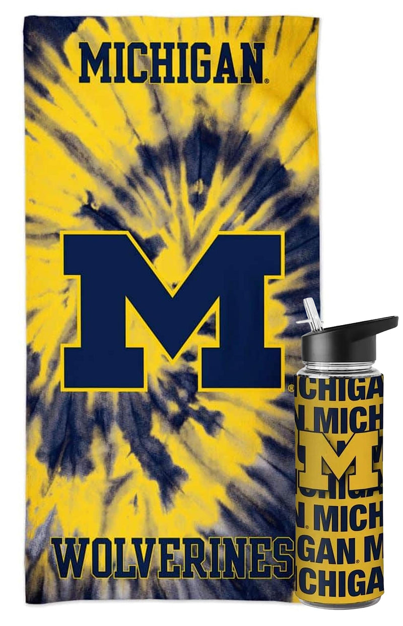 Licensed NCAA Collegiate Fan Bundle Includes Water Bottle and Beach Towel (Michigan Wolverines Tie Dye)