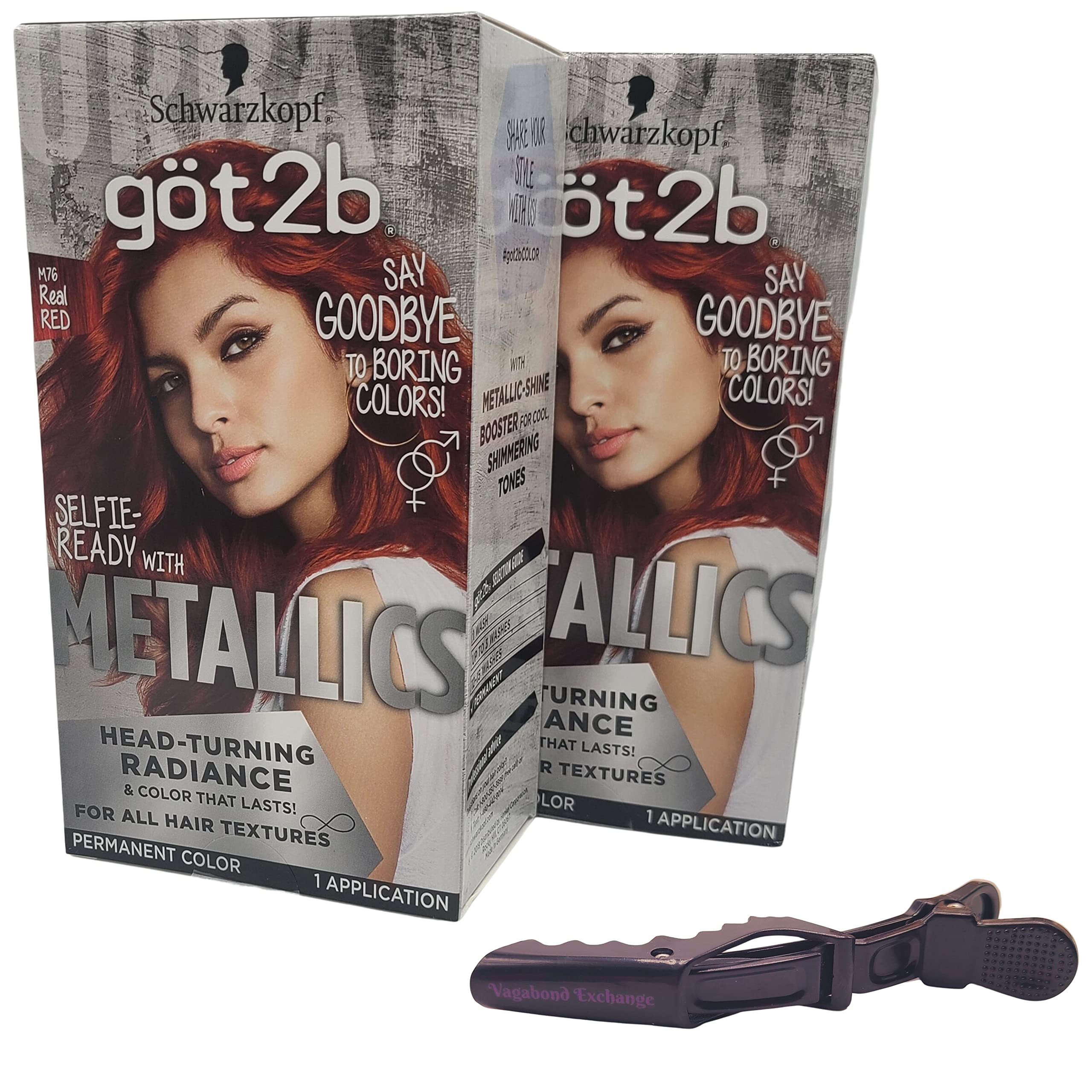 Hair Dye Bundle with Vagabond Exchange Hair Clip and 2-Pack of Schwarzkopf Got2b Metallics Color (Real Red)