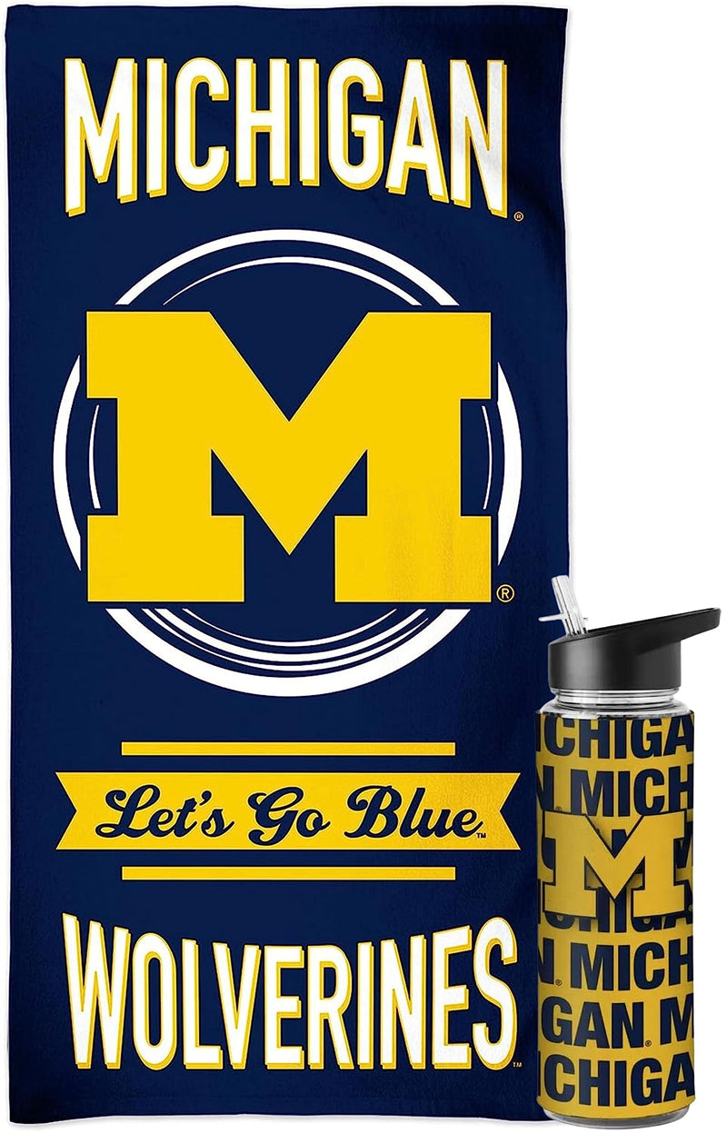 Licensed NCAA Collegiate Fan Bundle Includes Water Bottle and Beach Towel (Michigan Wolverines Circle)