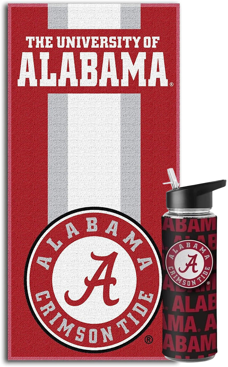 Licensed NCAA Collegiate Fan Bundle Includes Water Bottle and Beach Towel (Alabama Crimson Tide Striped)